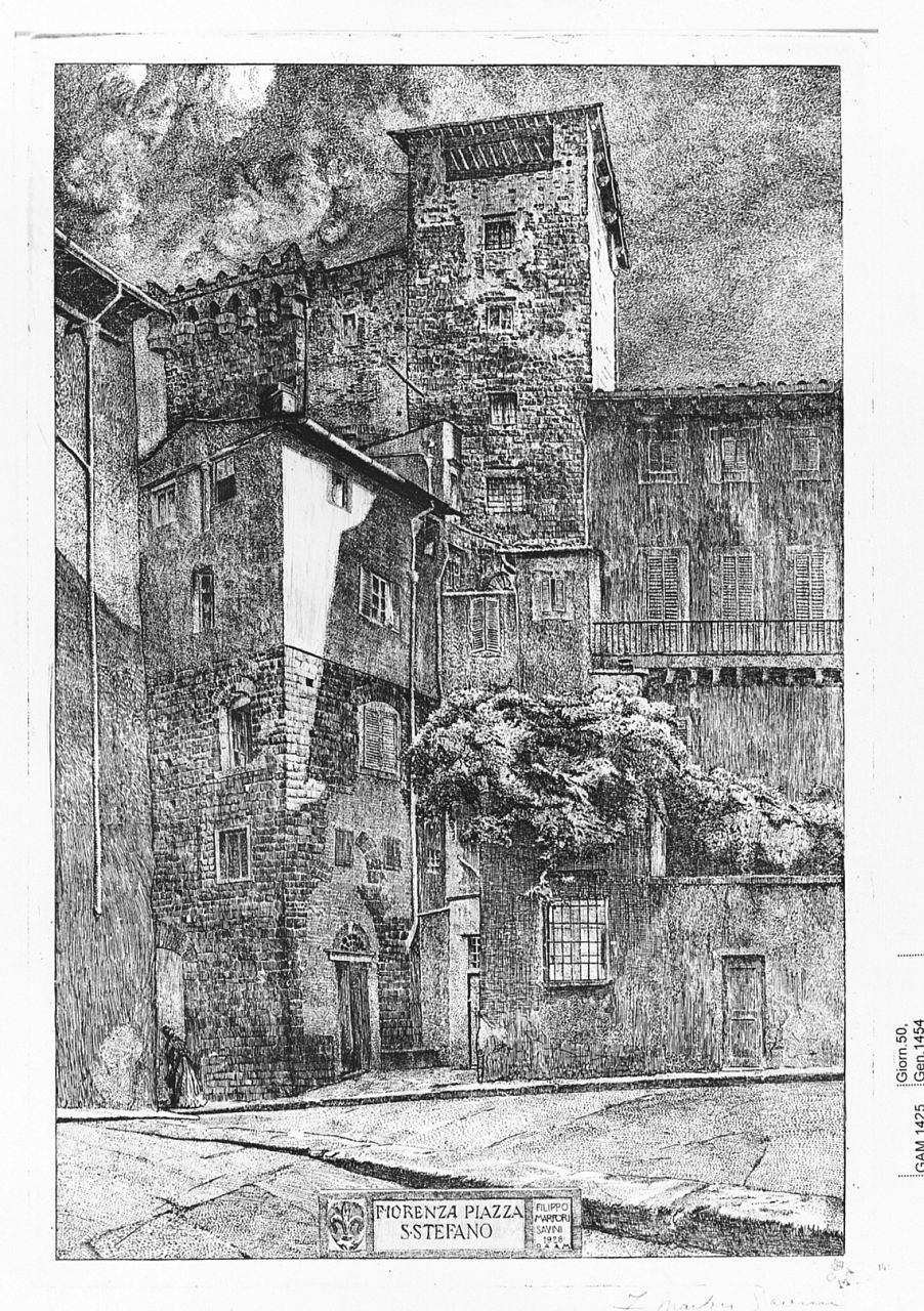 veduta di piazza Santo Stefano a Firenze (stampa) di Marfori Savini Filippo (sec. XX)