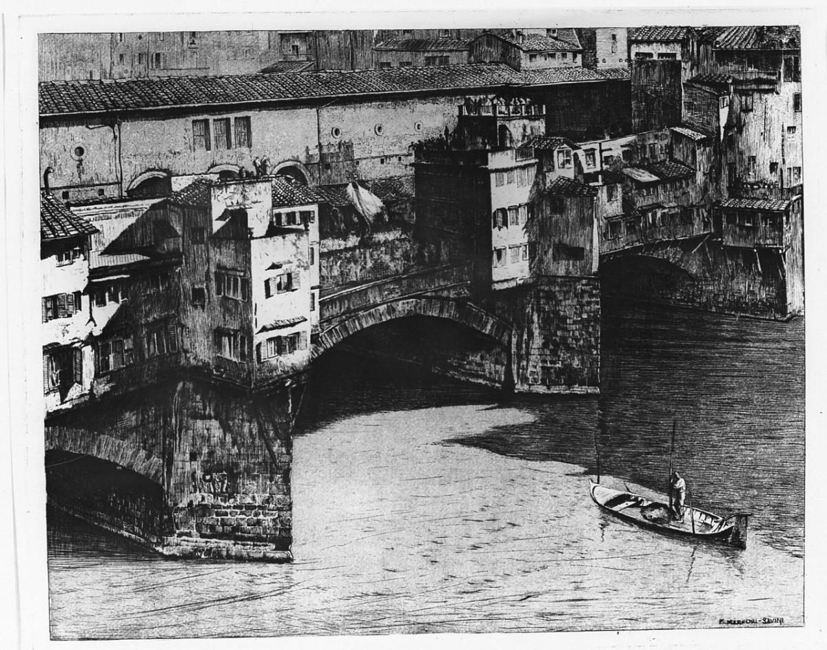 veduta di Ponte Vecchio (stampa) di Marfori Savini Filippo (sec. XX)
