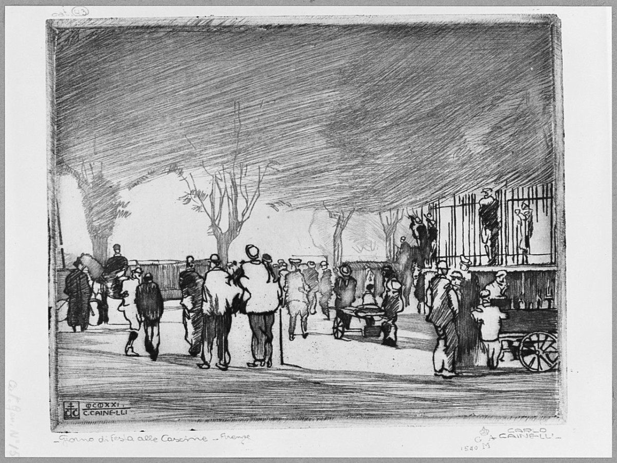 Giorno di Festa alle Cascine. Firenze (stampa) di Cainelli Carlo (sec. XX)