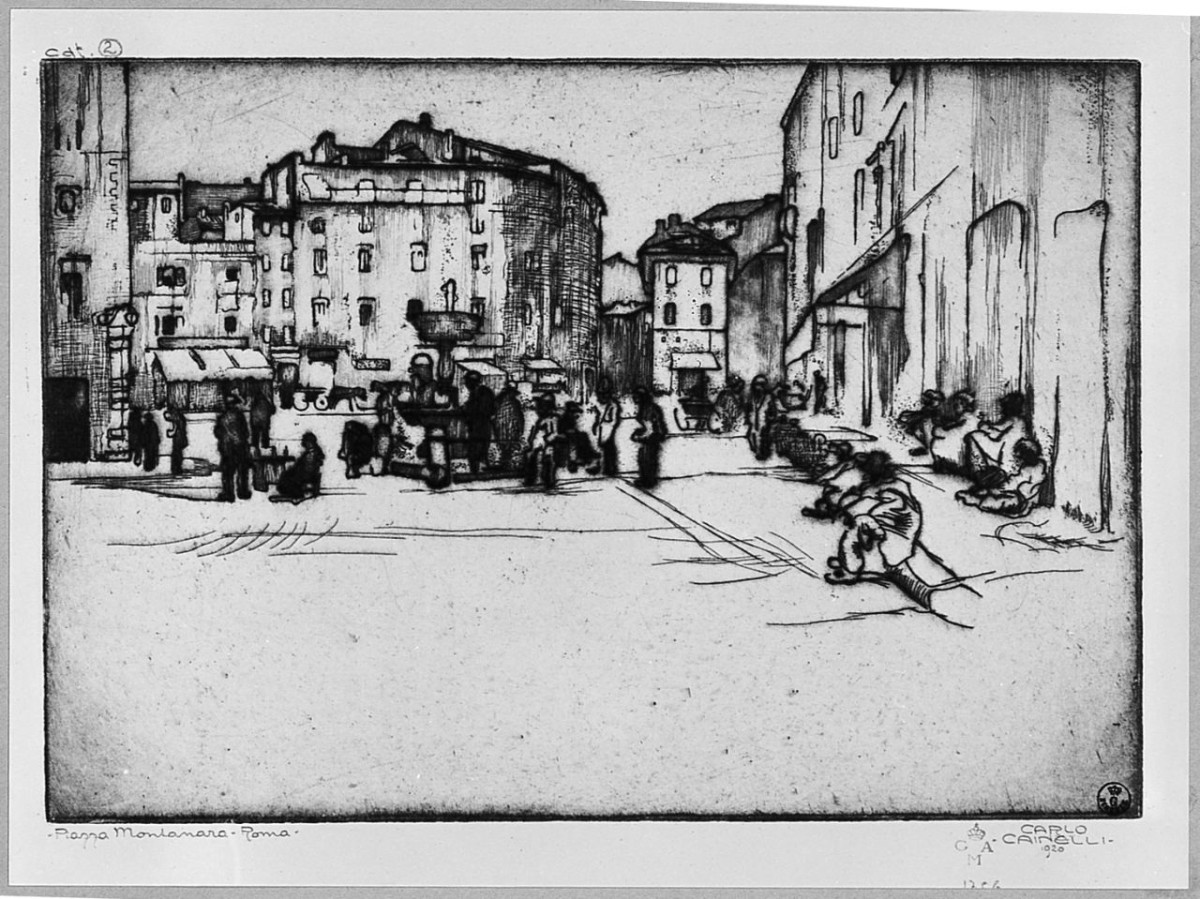 Piazza Montanara a Roma (stampa) di Cainelli Carlo (sec. XX)