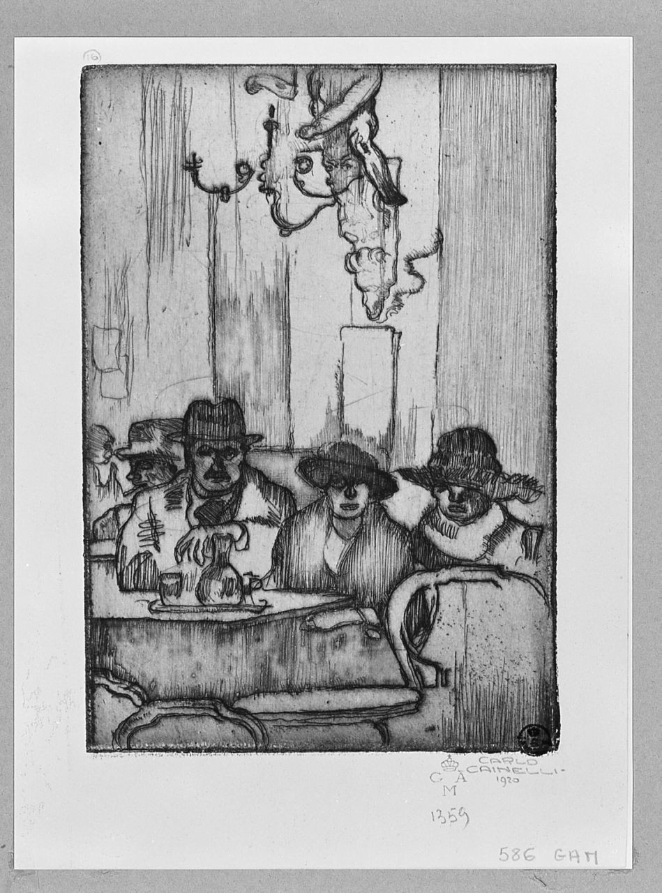 interno con figure (stampa) di Cainelli Carlo (sec. XX)