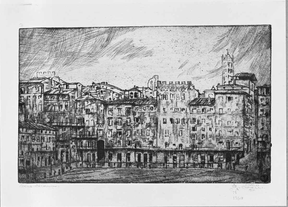 piazza del Campo a Siena (stampa) di Cainelli Carlo (sec. XX)