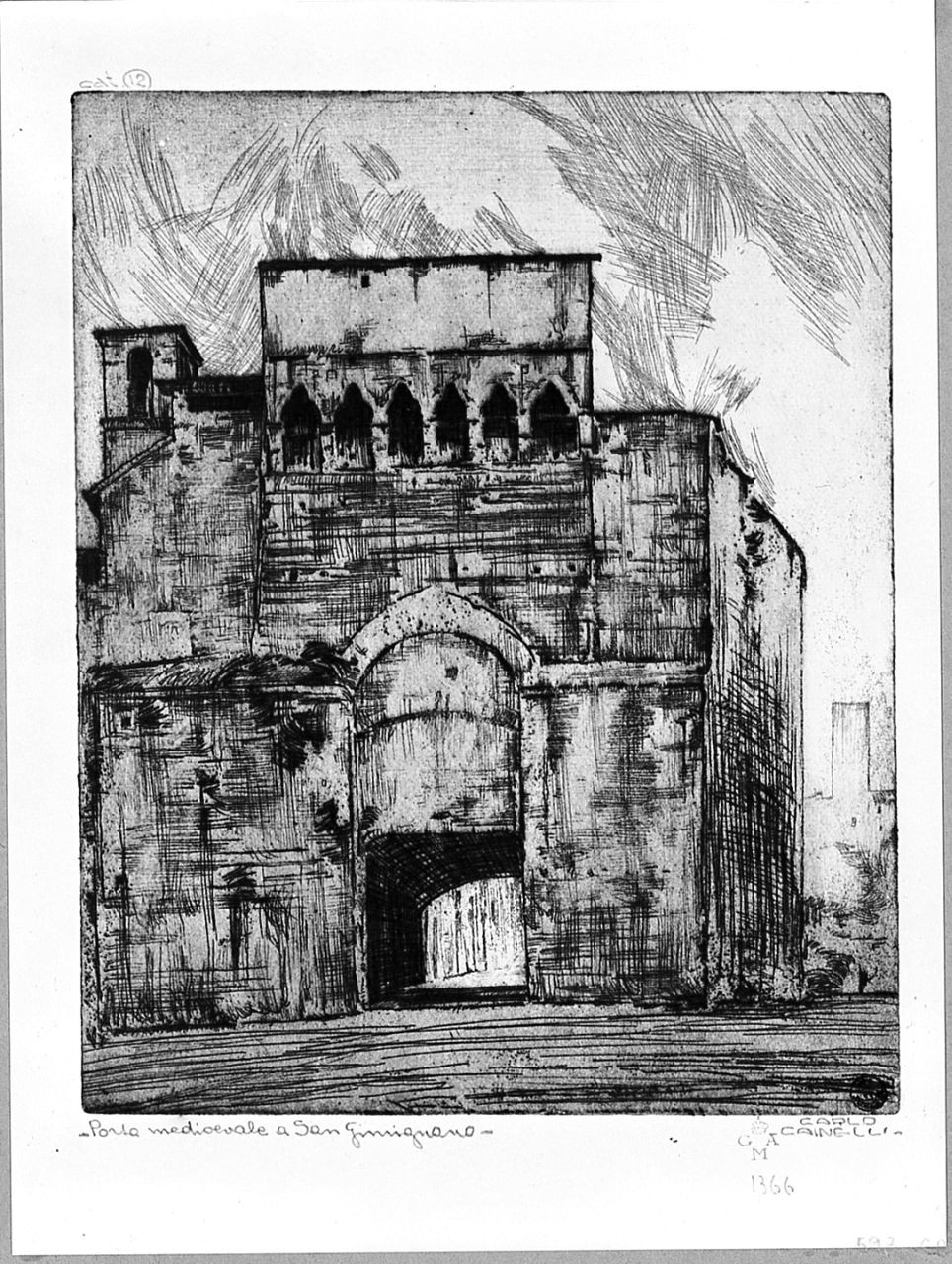 Porta meridionale a San Gimignano (stampa) di Cainelli Carlo (sec. XX)