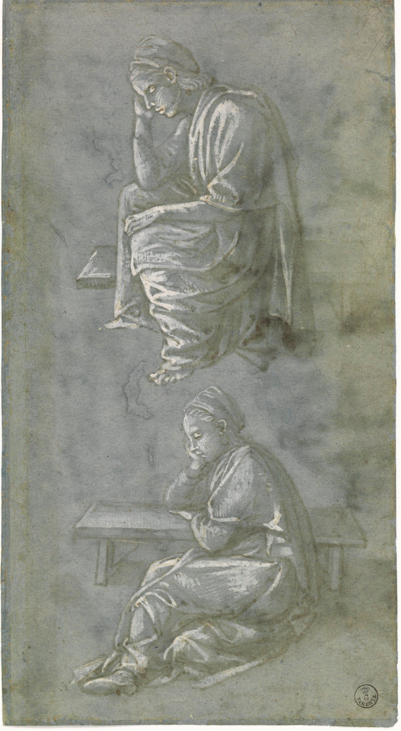 Due giovani donne sedute che dormono (r.), Giovane in piedi (v.) (disegno) - ambito fiorentino (terzo quarto XV)