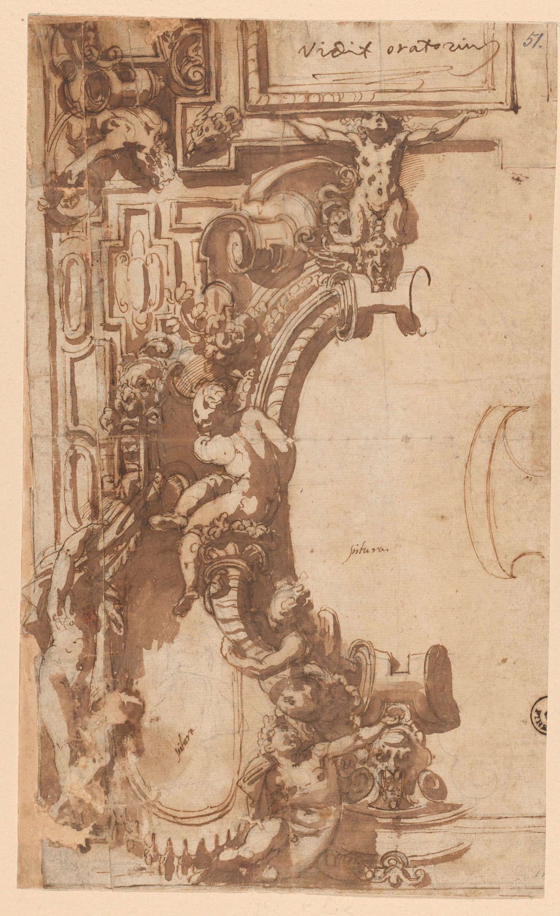 decorazione di medaglione e schizzo di elemento decorativo (disegno) di Allori Alessandro (XVI)