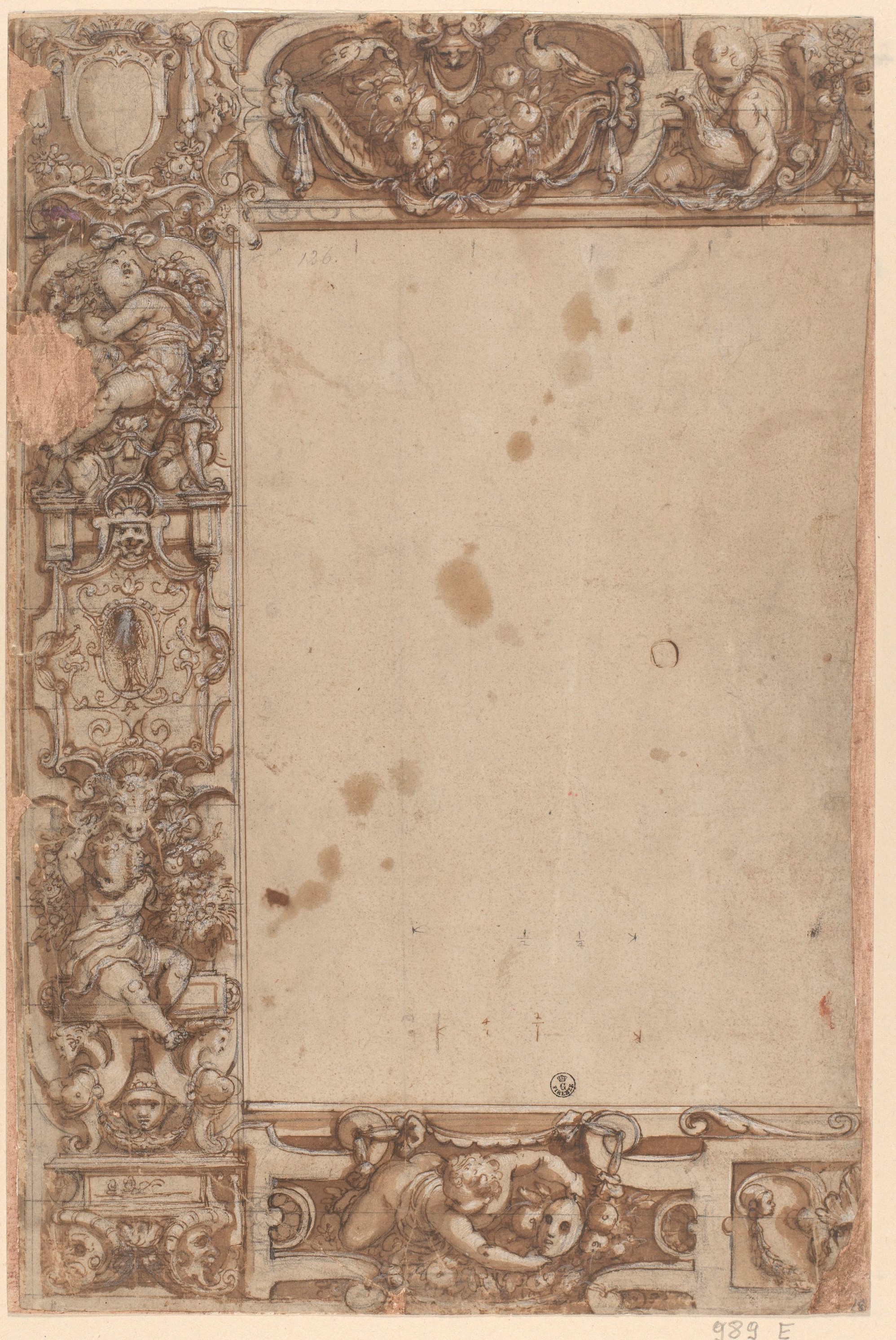 metà sinistra di decorazione di bordura per arazzo (disegno) di Allori Alessandro (seconda metà XVI)