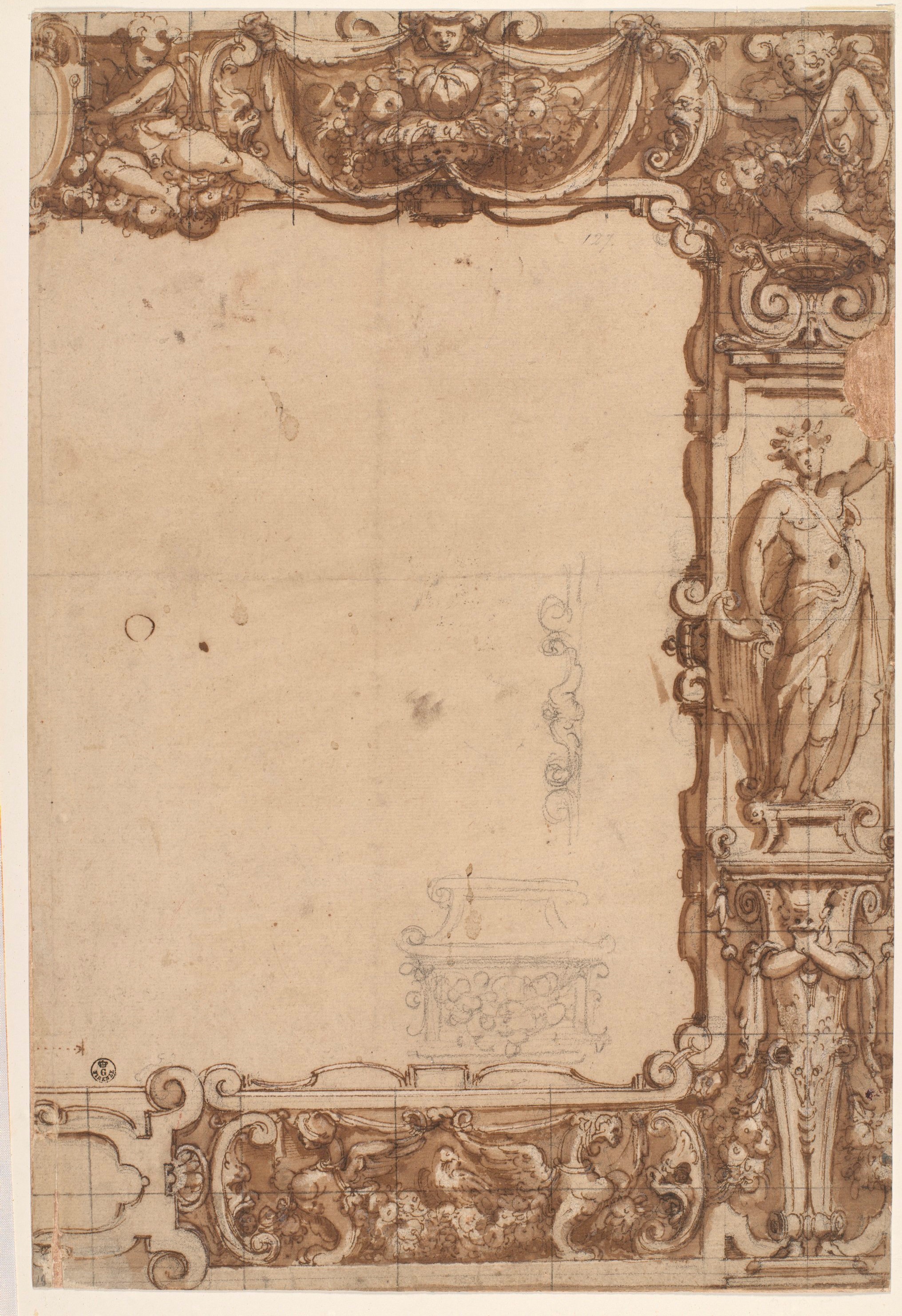 metà destra di decorazione per bordura di arazzo (disegno) di Allori Alessandro (ultimo quarto XVI)