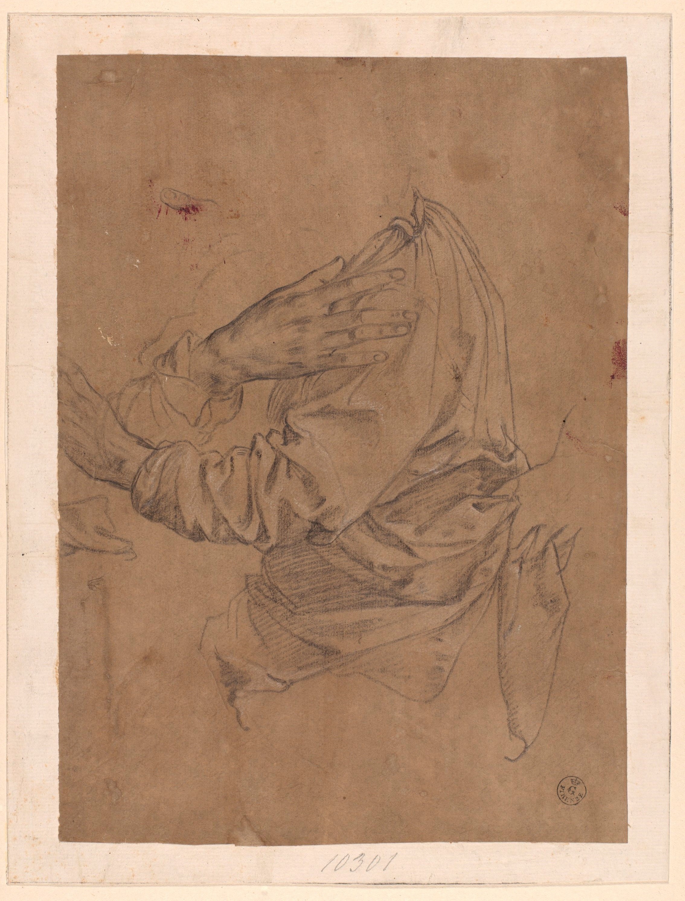 busto di figura panneggiata, studio di un dito (disegno) di Allori Alessandro (fine XVI)