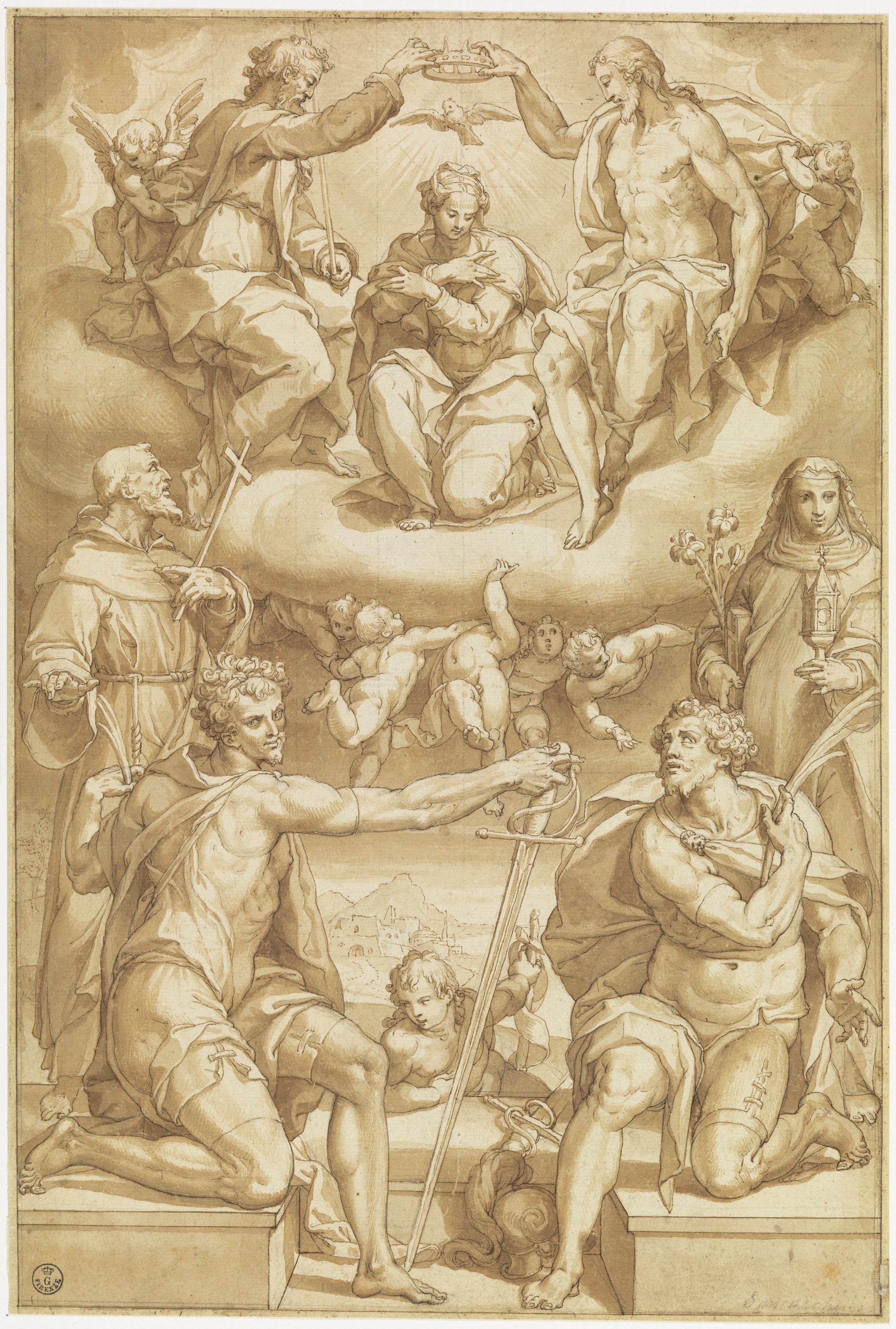Incoronazione della Vergine con i Santi Felice Naborre, Francesco, Chiara e Giovanni Battista (disegno) di Samacchini Orazio (XVI)