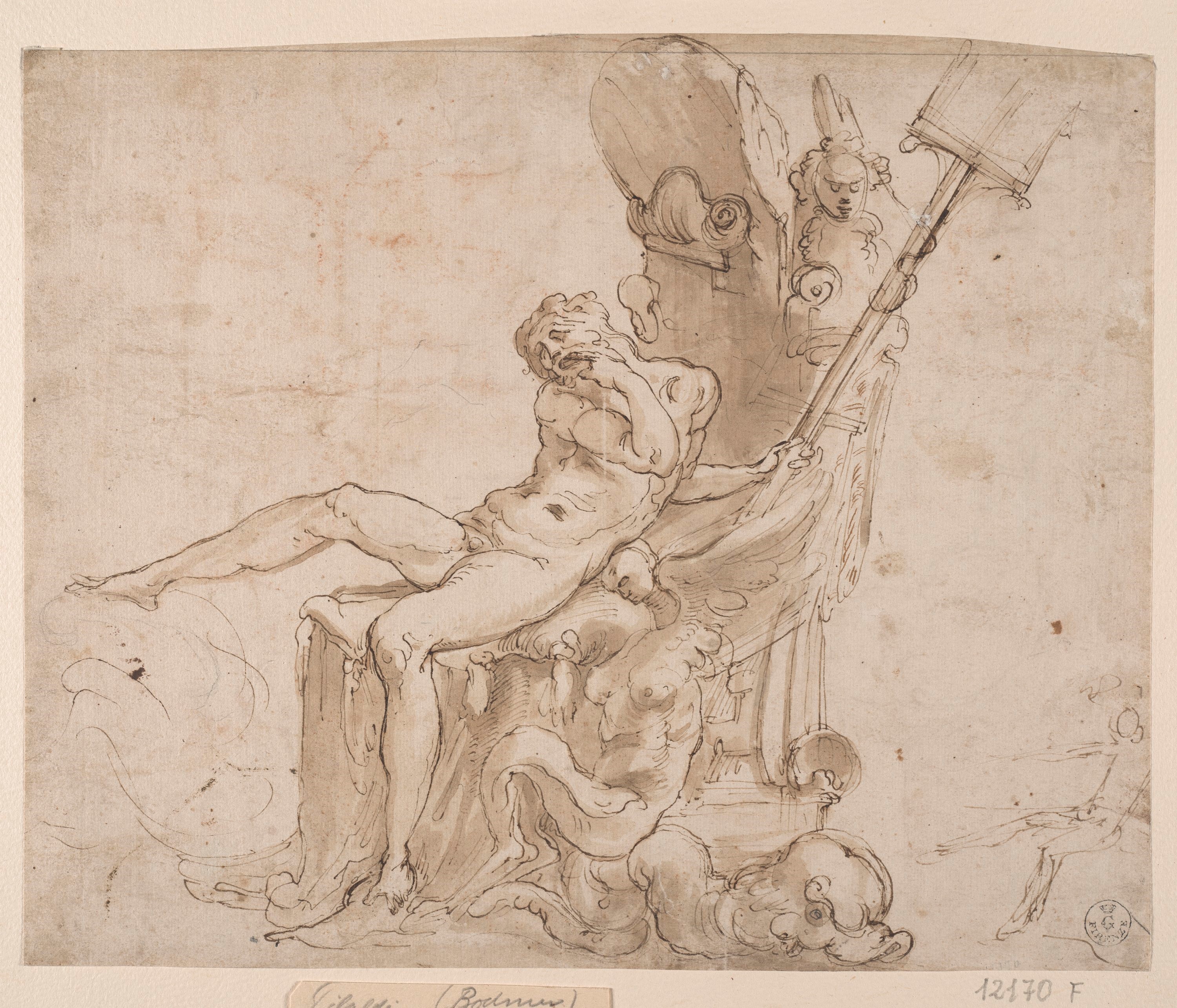 Nettuno sul carro (r.), Tritone e cavalli marini (v.) (disegno) di Tibaldi Pellegrino detto Pellegrini (metà XVI)