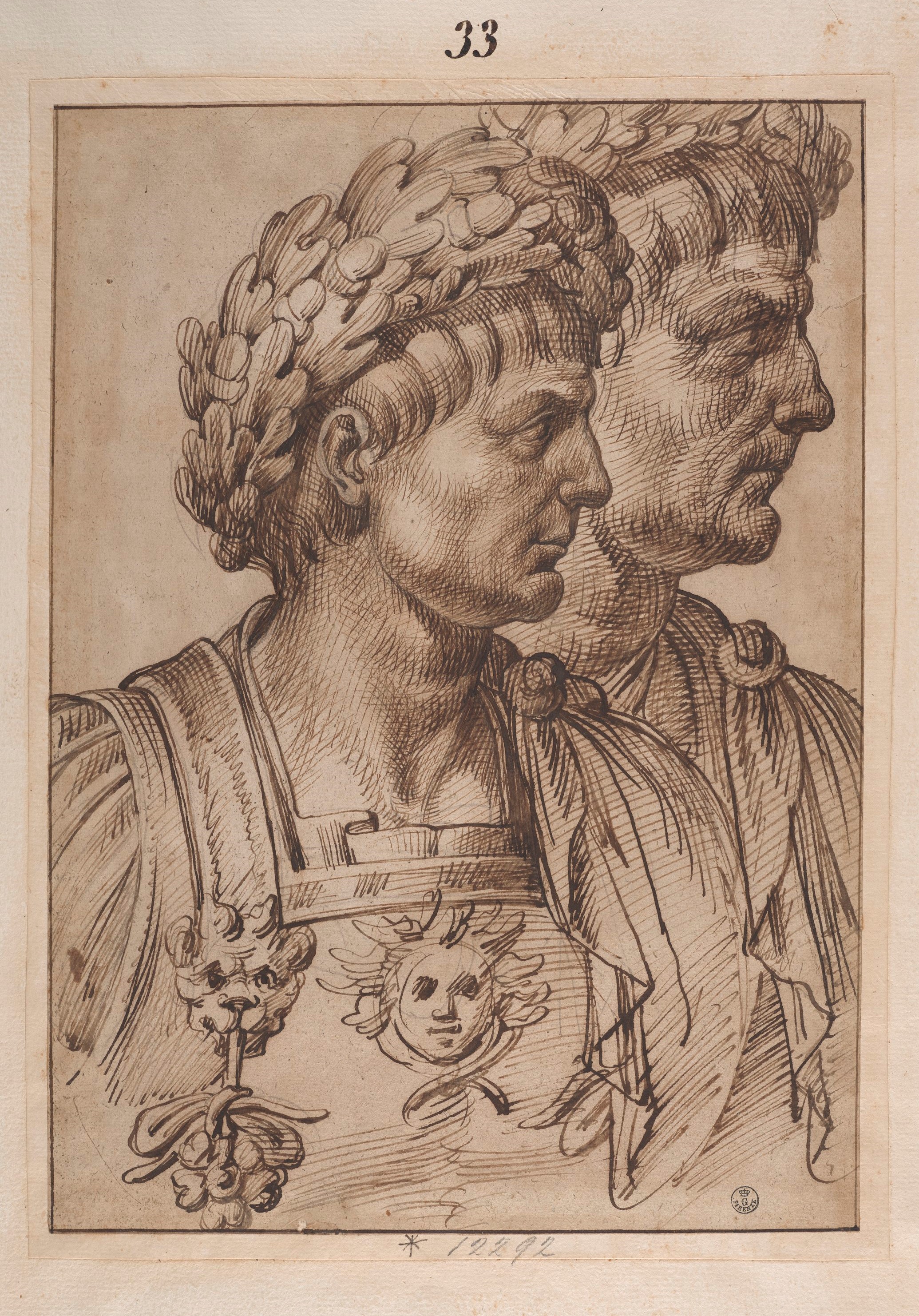 Due studi di busto di imperatore romano da profilo a destra (disegno) di Passarotti Bartolomeo (XVI)