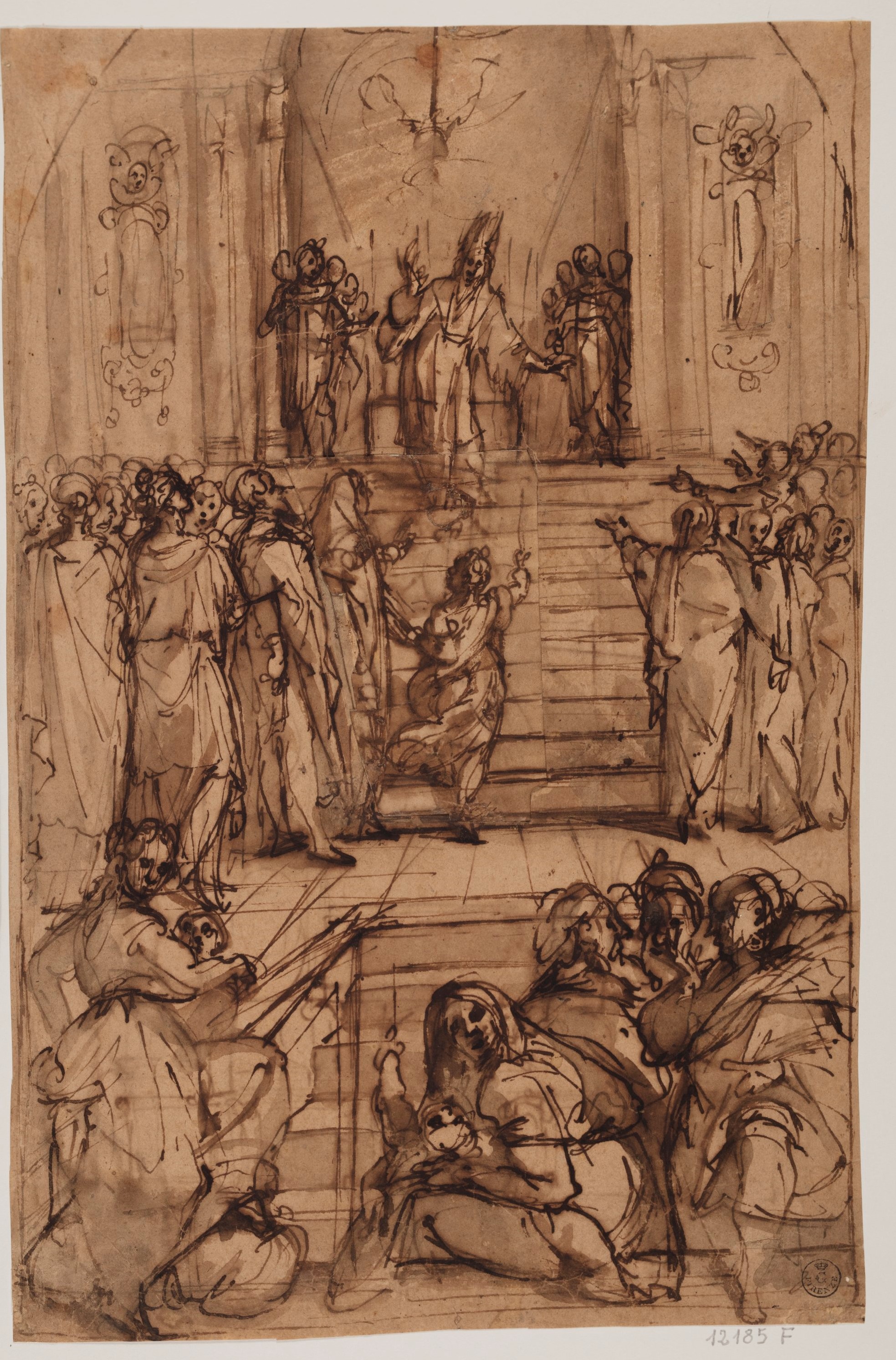 Presentazione di Maria Vergine al tempio (r.), Schizzo per altare (v.) (disegno) di Passarotti Bartolomeo (XVI)