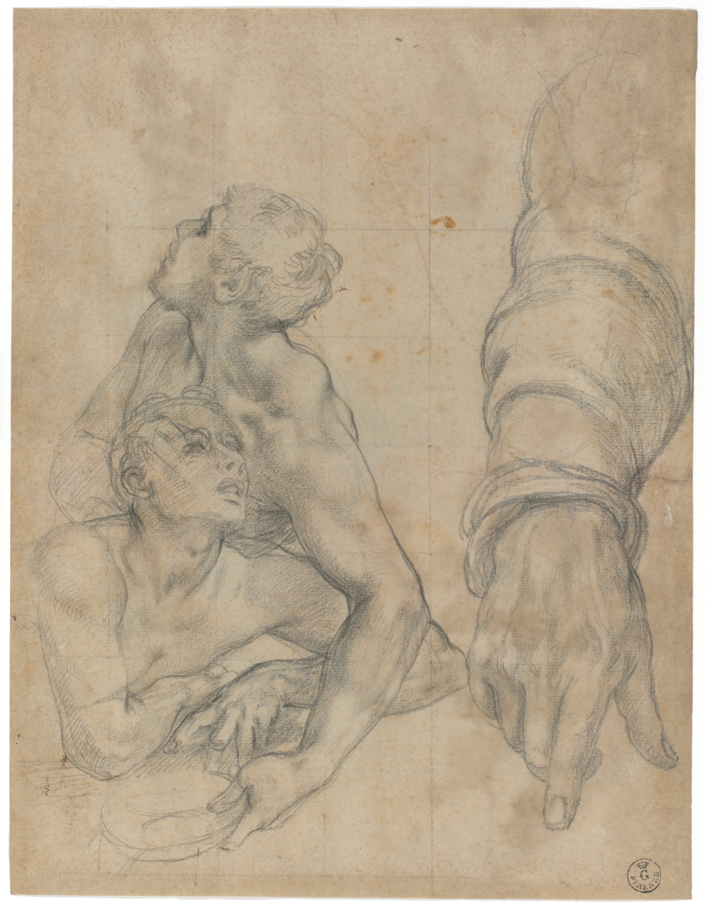 Studio per due figure virili e studio di un braccio (r.), Studio di figura inginocchiata con perizoma e due gambe (v.) (disegno) di Allori Alessandro (metà sec. XVI)