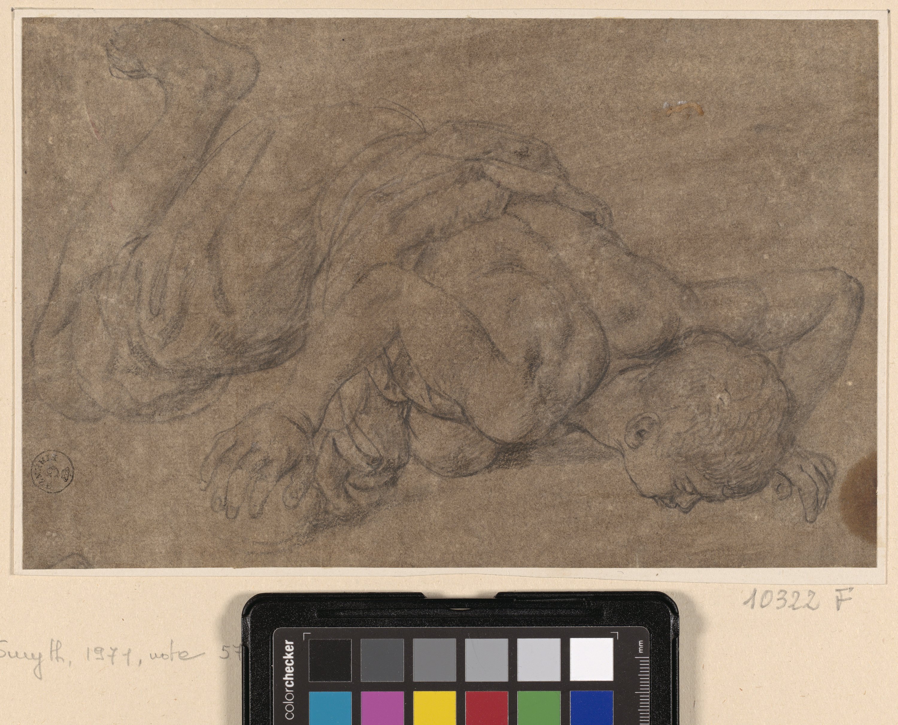 figura maschile distesa a terra in atto di bere (disegno) di Allori Alessandro (fine sec. XVI)