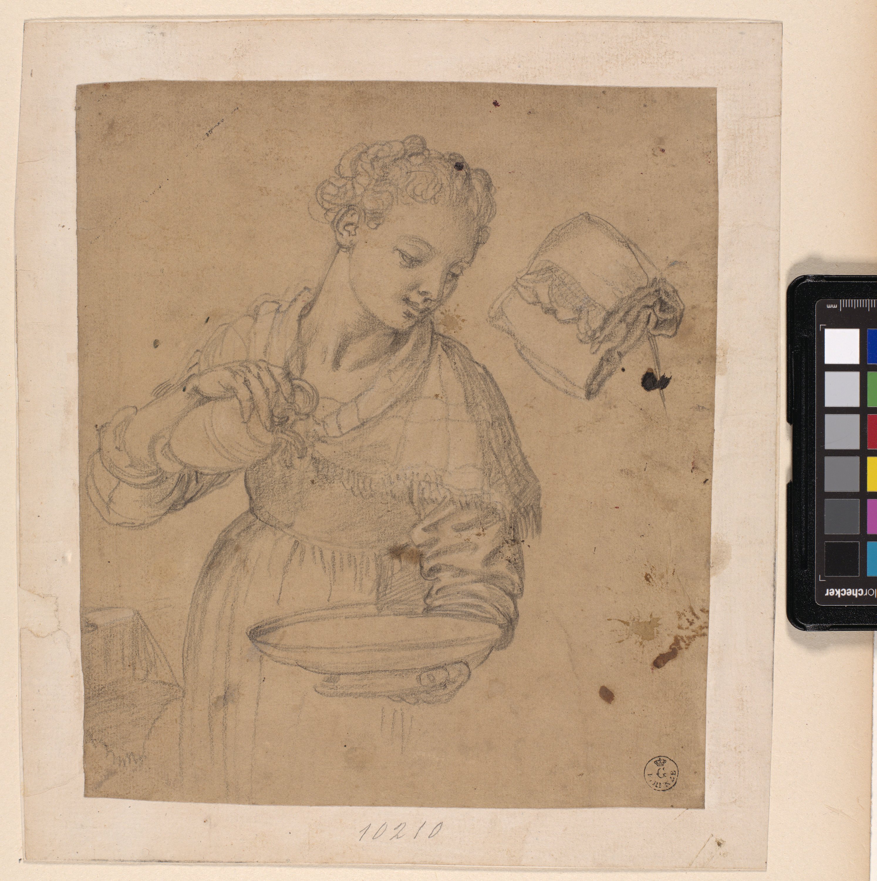 donna a mezza figura volta a destra che versa acqua da una brocca, studio di un panneggio (disegno) di Allori Alessandro (fine sec. XVI)