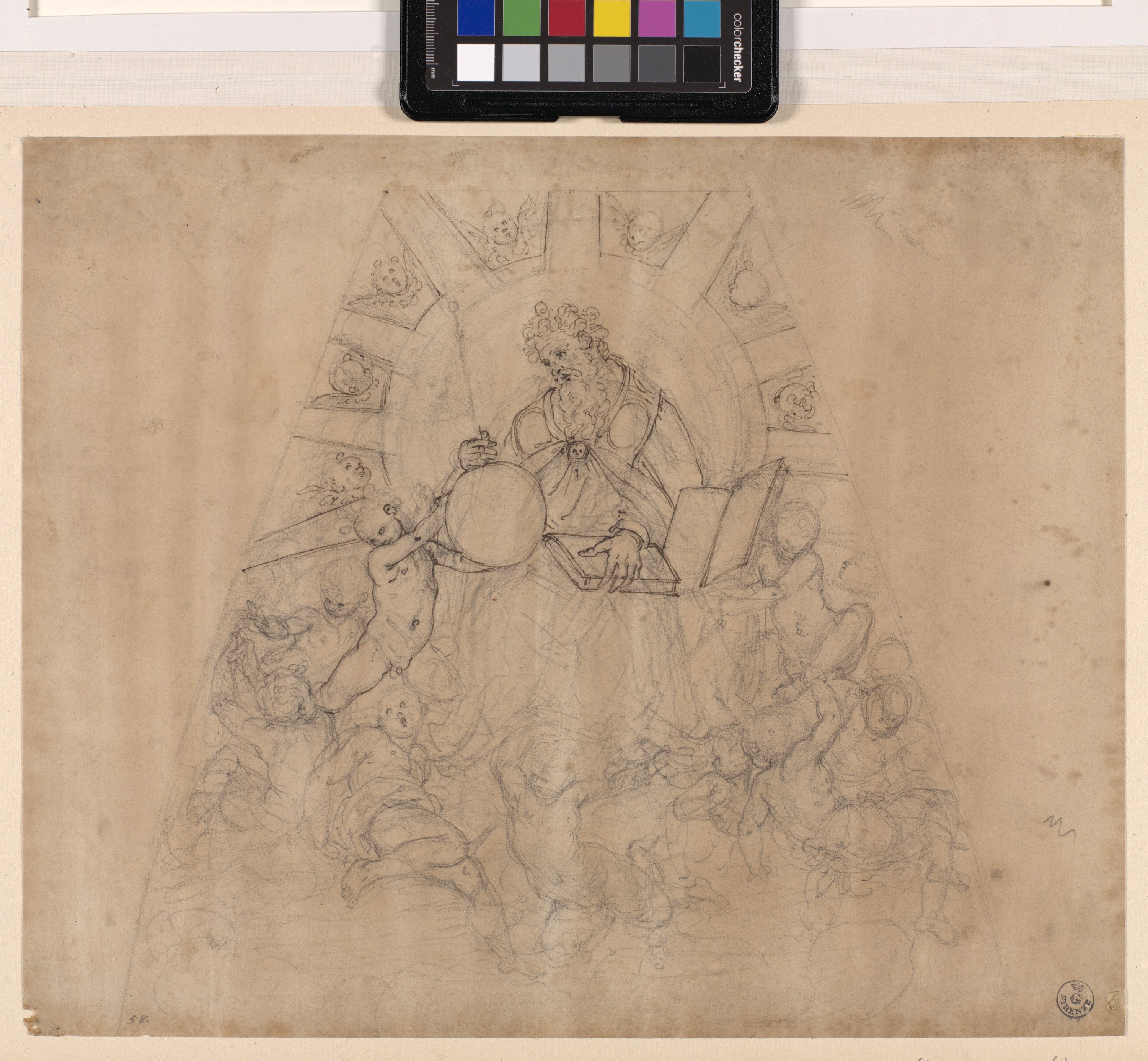 Dio Padre in gloria circondato da angeli e cherubini (disegno) di Allori Alessandro (ultimo quarto XVI)