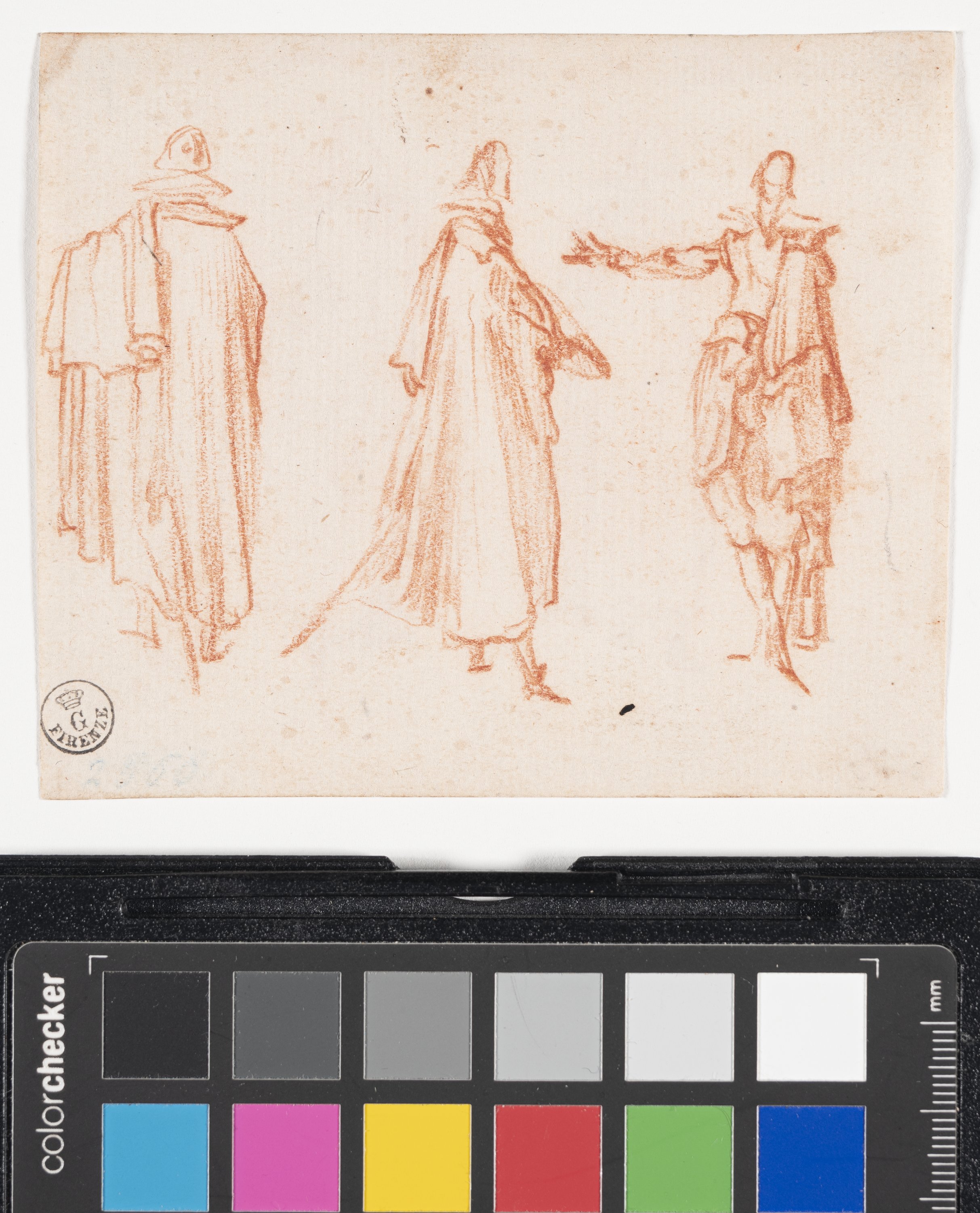 Tre figure maschili ammantate (r.), Due figure maschili ammantate (v.) (disegno) di Callot Jacques (prima metà XVII)