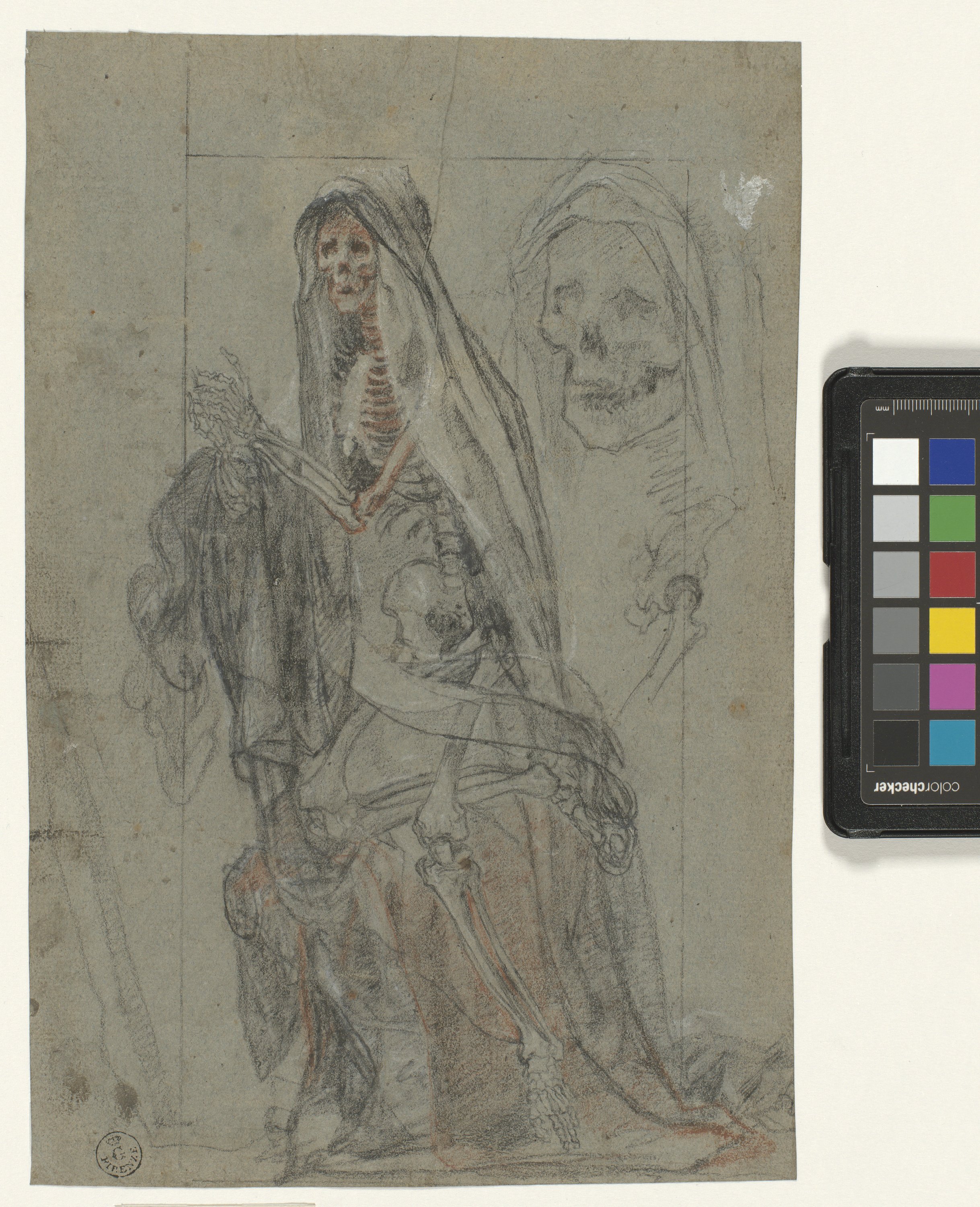Studi per uno scheletro ammantato, studio del teschio (disegno) di Cardi Ludovico detto Cigoli (XVII)