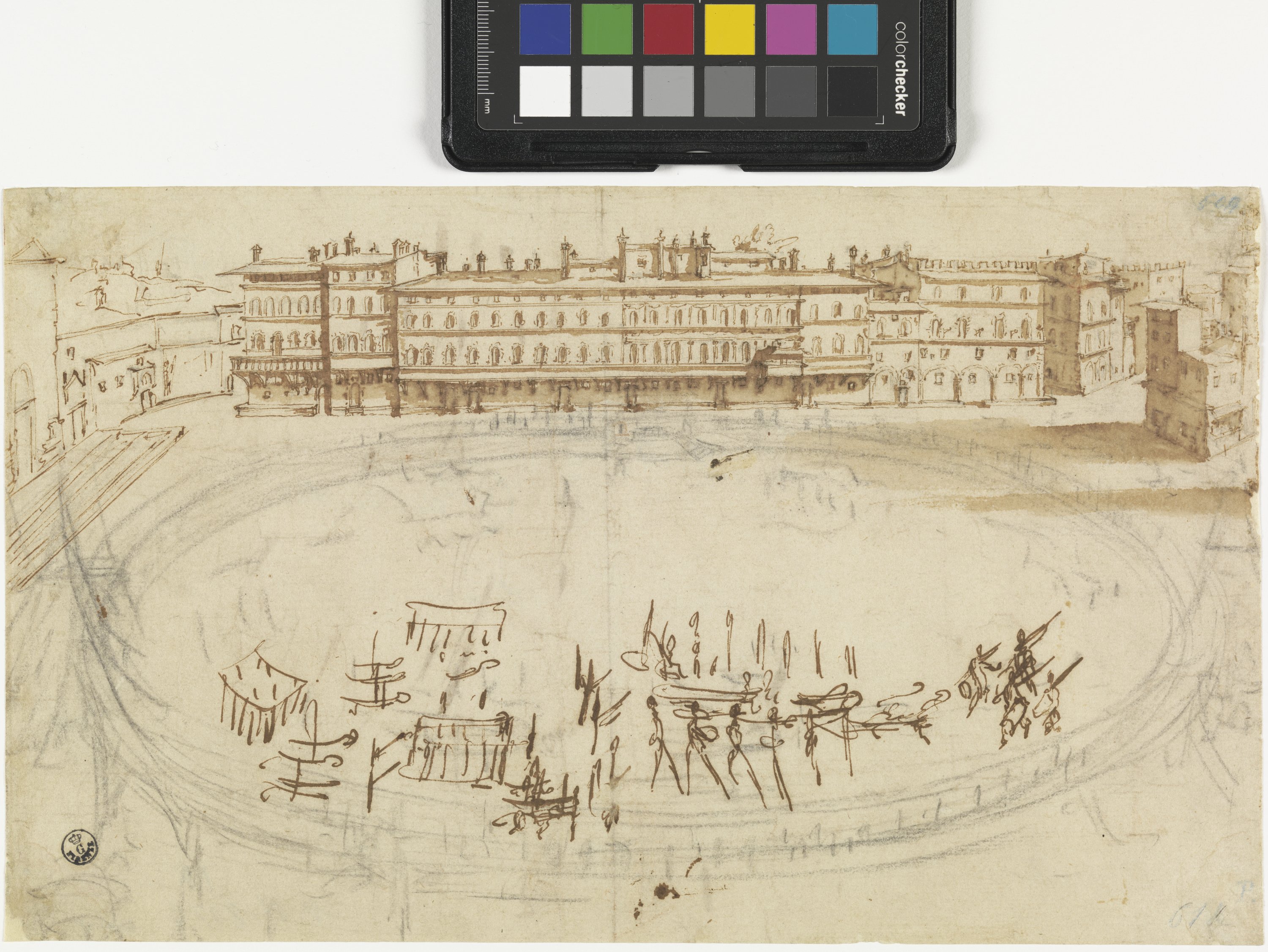 veduta di piazza S. Croce a Firenze con giostra di Carnevale (disegno) di Callot Jacques (primo quarto XVII)