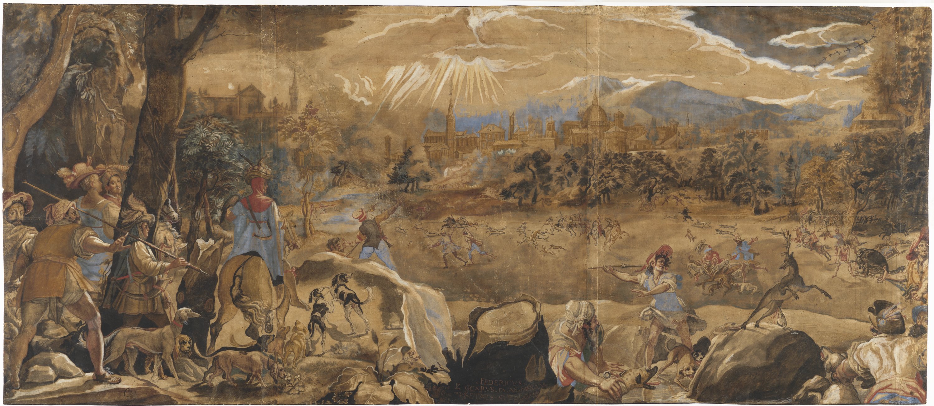 scena di caccia con veduta di Firenze (disegno) di Zuccari Federico (XVI)