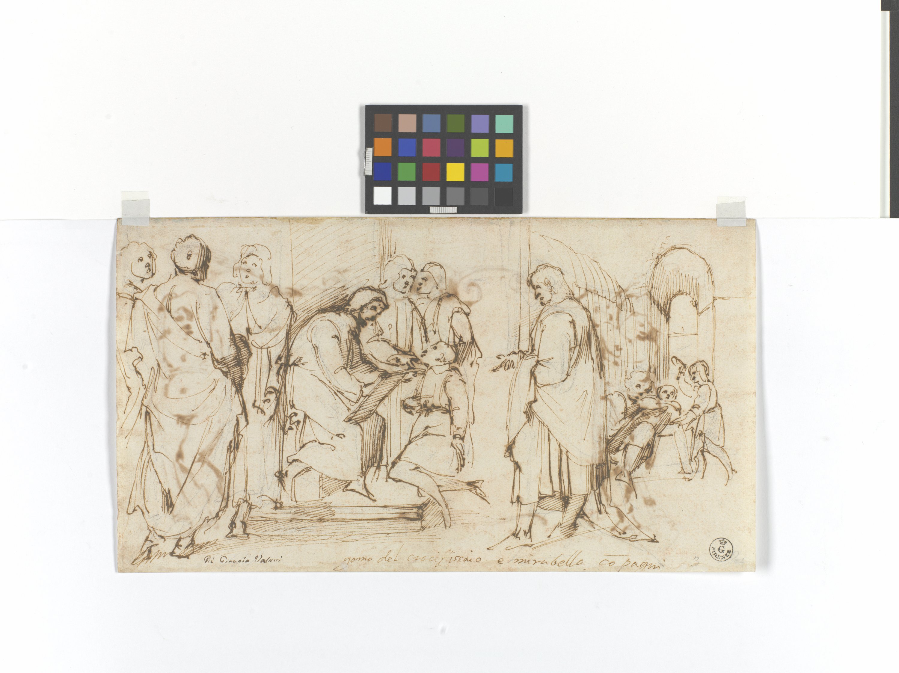 Lorenzo il Magnifico riceve il giovane Michelangelo (r.), epitaffio sorretto da due putti (v.) (disegno) di Cavalori Mirabello detto Salicorno (terzo quarto XVI)