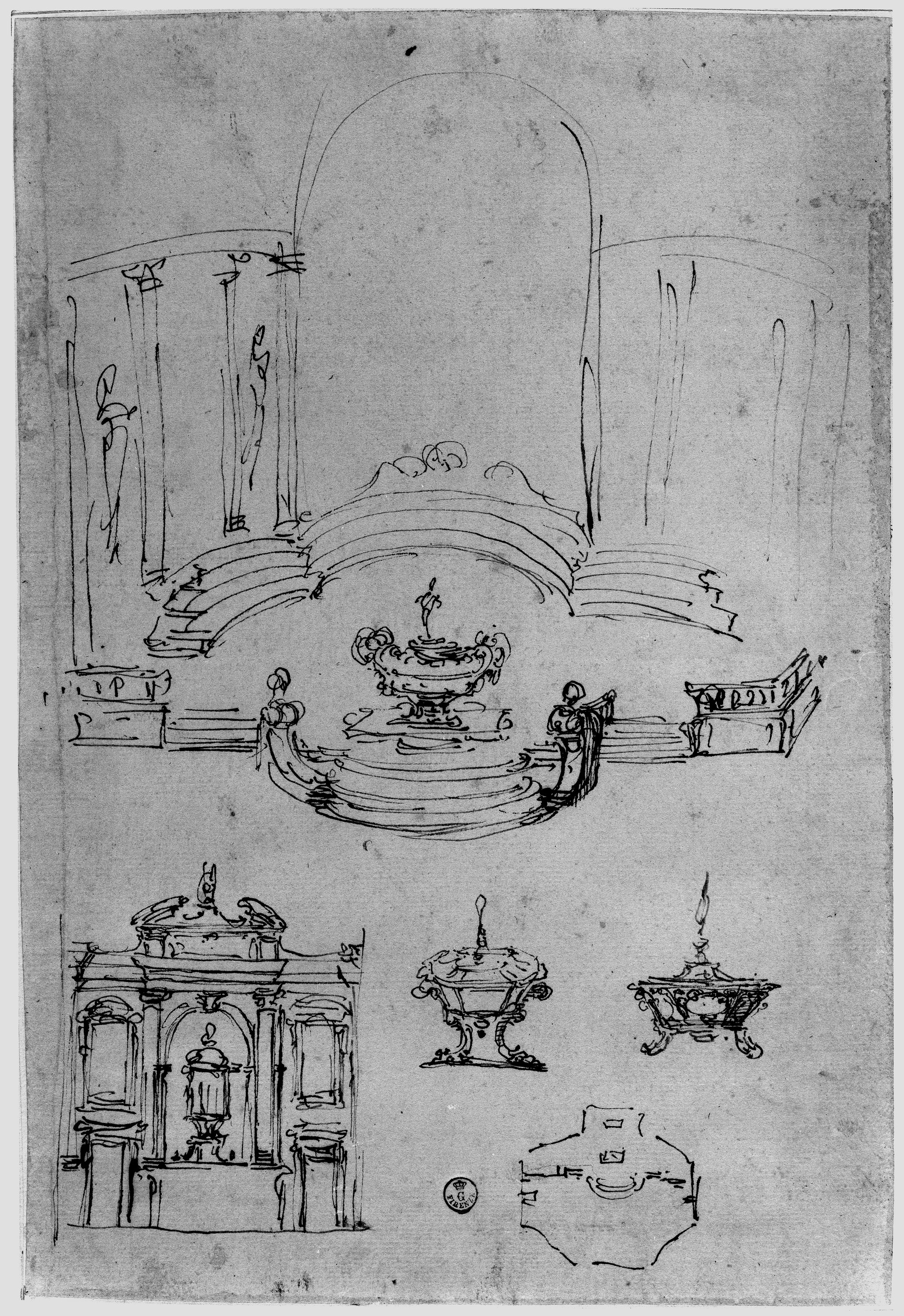 vari studi per l'altare con tabernacolo nell'apparato per il battesimo di Filippo de' Medici (disegno) di Buontalenti Bernardo (ultimo quarto XVI)