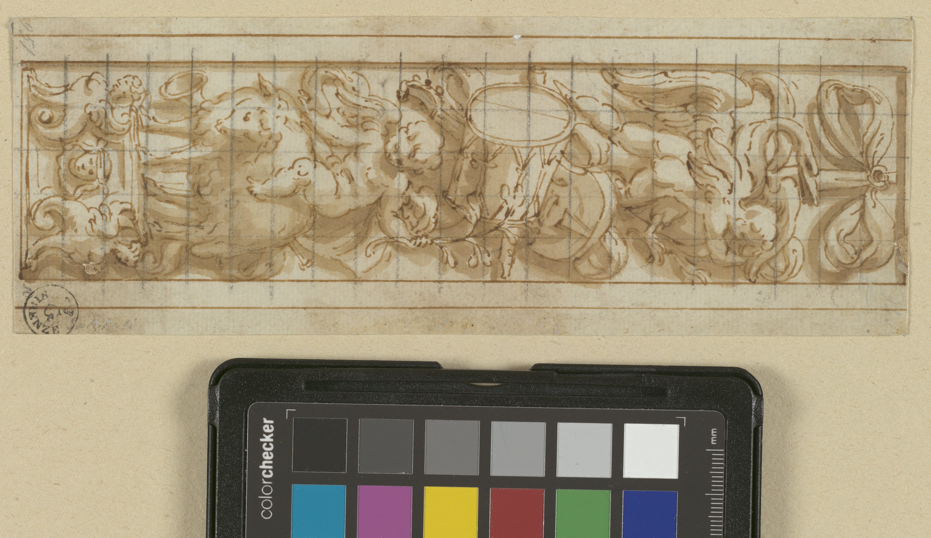 fregio con putti, animali e strumenti musicali (disegno) di Salviati Francesco (metà XVI)