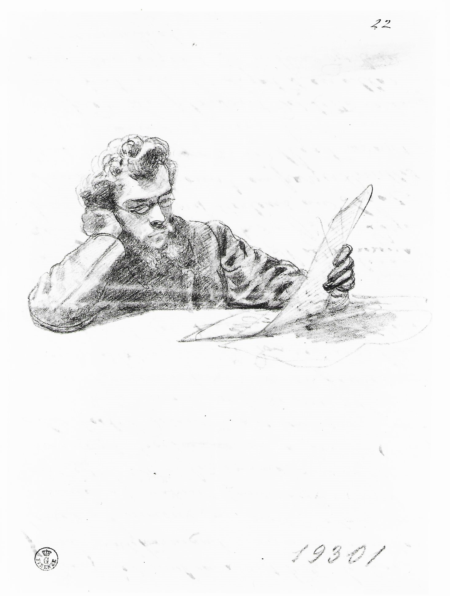 rittratto di uomo che legge (disegno) di Ussi Stefano (XIX)