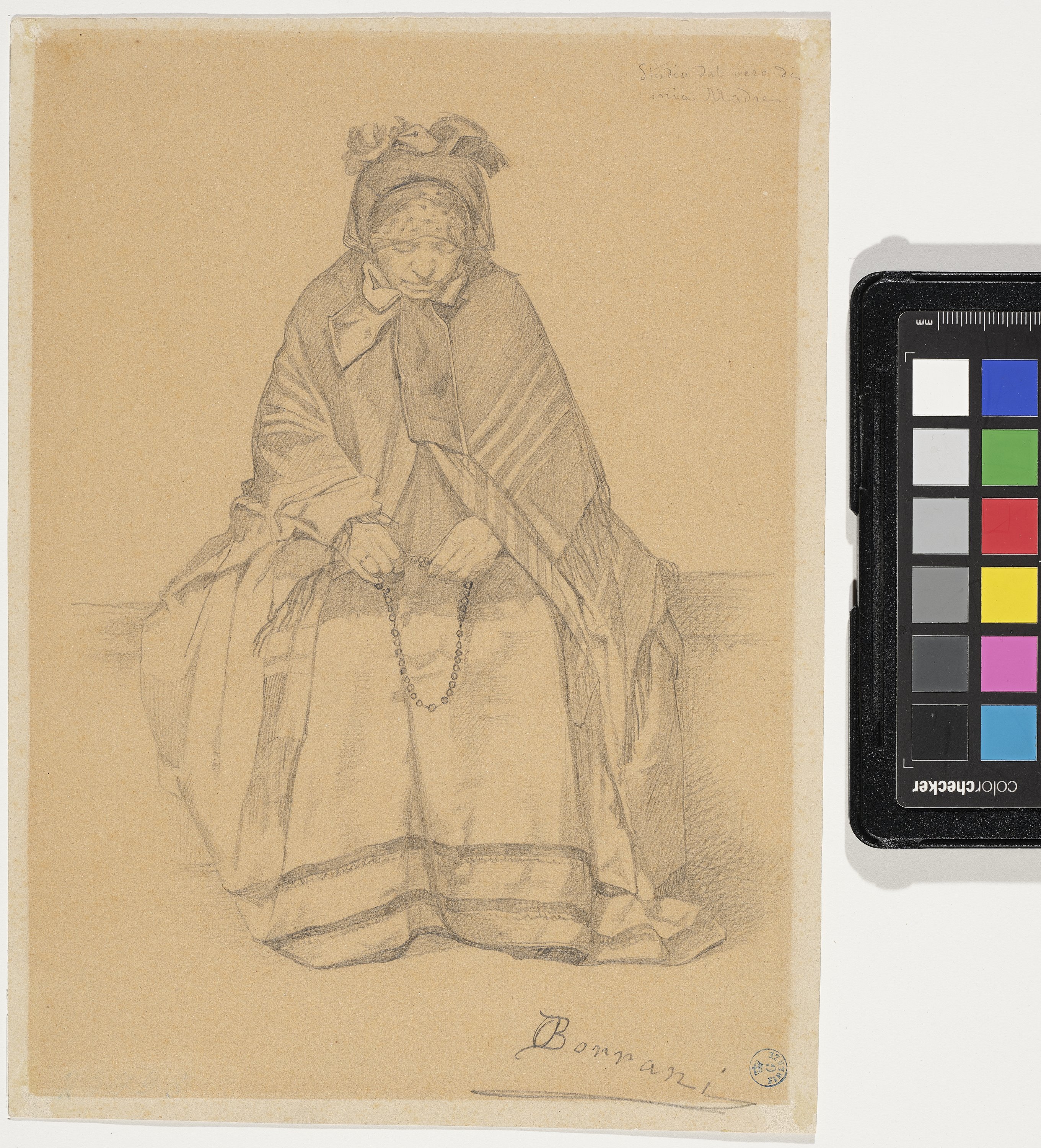 ritratto della madre dell'artista in preghiera (disegno) di Borrani Odoardo (XIX)