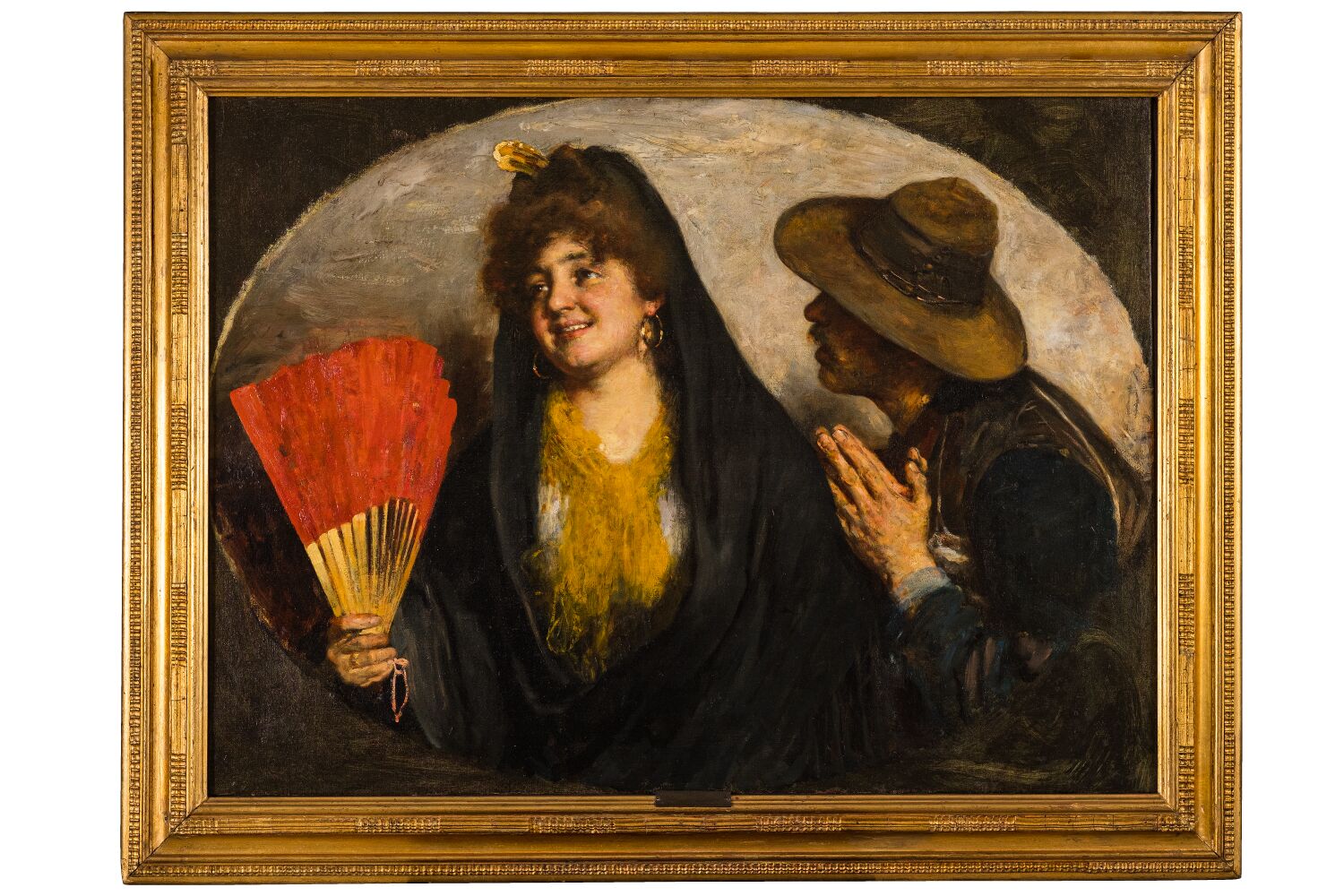 Crudele!, figura femminile con ventaglio e pastore con mani giunte (dipinto, opera isolata) di Dall'Oca Bianca, Angelo - ambito veronese (ultimo quarto XIX)