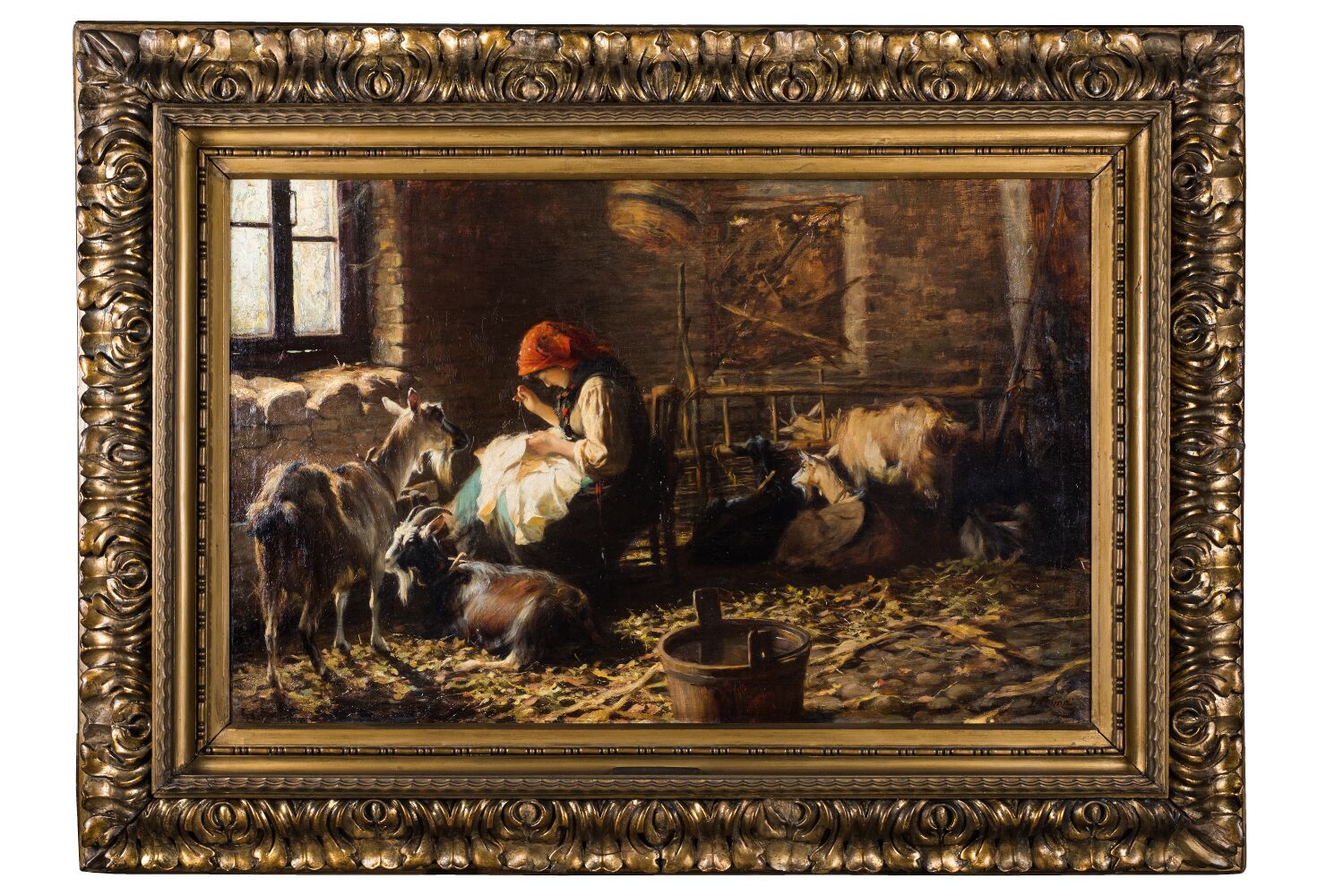 Nella stalla (La capraia), interno con figura femminile (dipinto, opera isolata) di Cima Luigi - ambito Italia settentrionale (fine XIX)