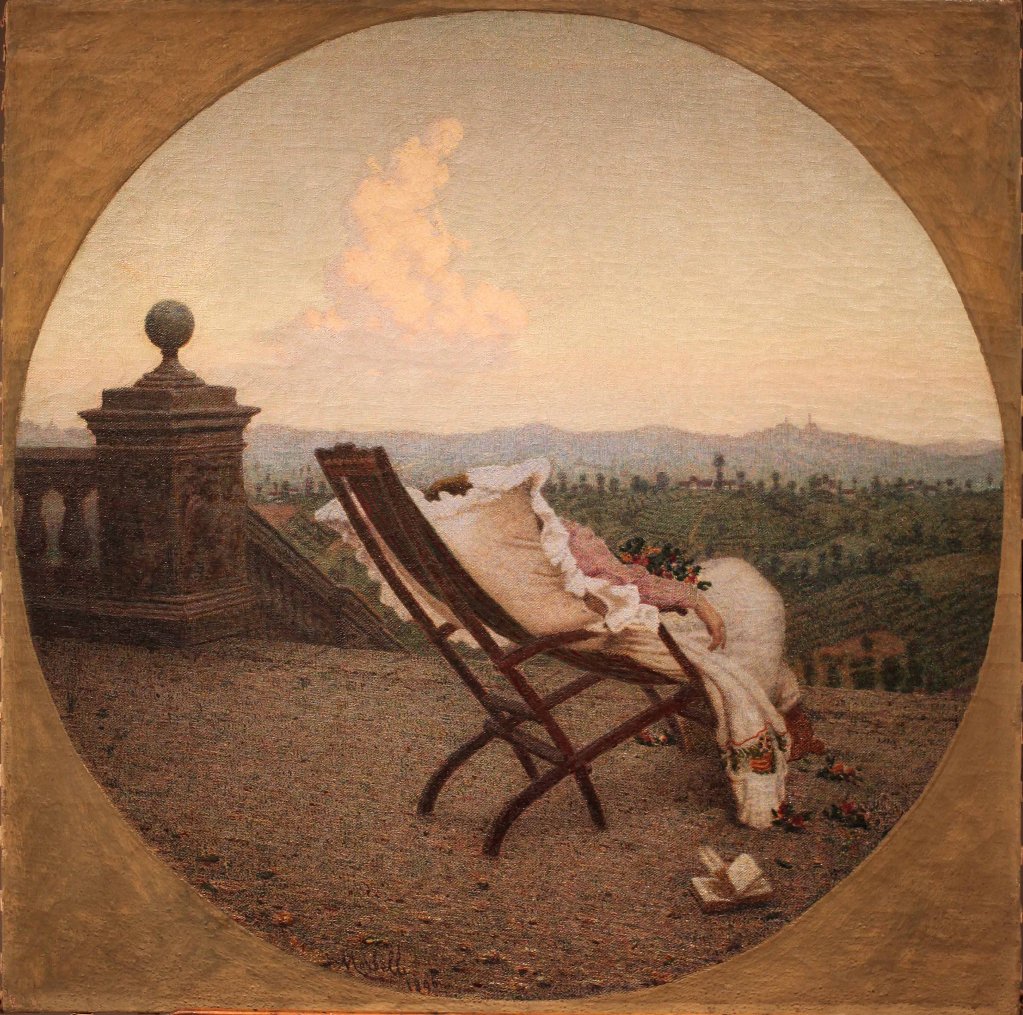 S'avanza, paesaggio con figura (dipinto, opera isolata) di Morbelli Angelo - ambito milanese (fine XIX)