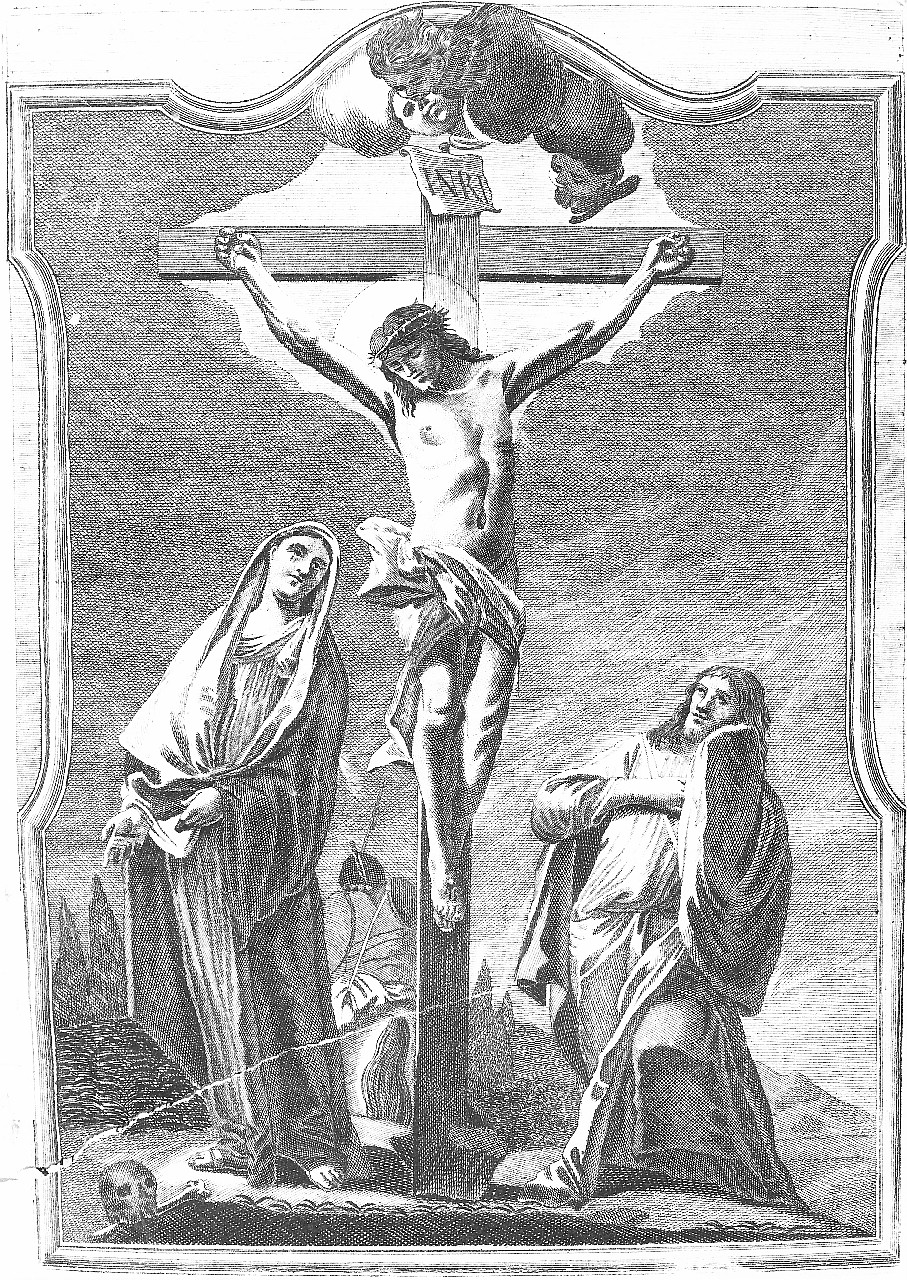 crocifissione di Cristo con la Madonna e San Giovanni Evangelista (stampa) - ambito veneto (sec. XVIII)