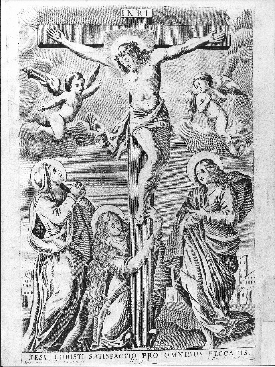 crocifissione di Cristo con la Madonna, Santa Maria Maddalena e San Giovanni Evangelista (stampa) - ambito veneto (sec. XVIII)