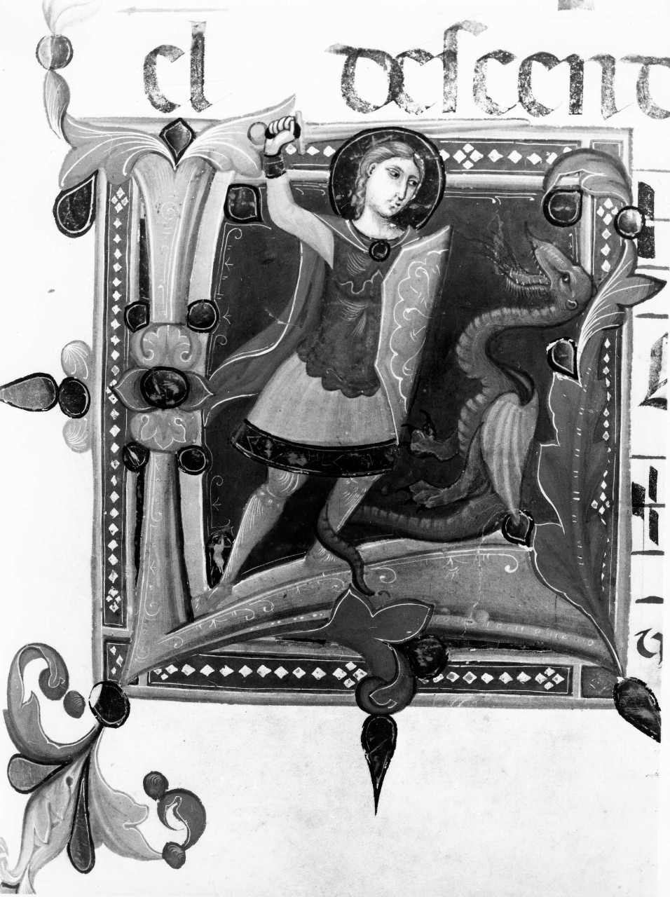 San Giorgio uccide il drago (miniatura, elemento d'insieme) di Pacino di Buonaguida (bottega) (sec. XIV)