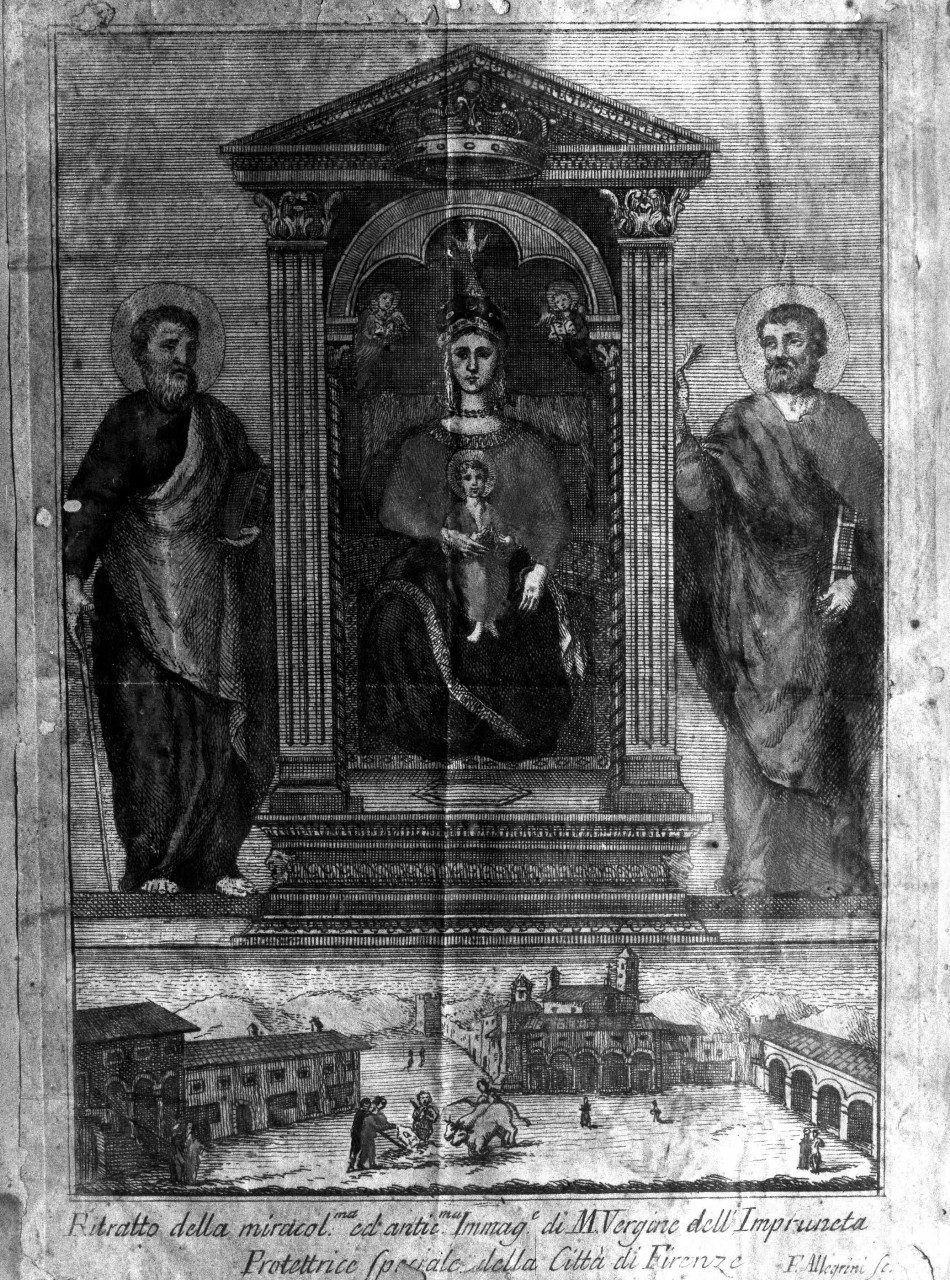 Ritratto della Miracol.ma Immagine di M. Vergine dell'Impruneta Protettrice Speciale della Città di Firenze, Madonna dell'Impruneta (stampa colorata a mano) di Allegrini Francesco (sec. XVIII)