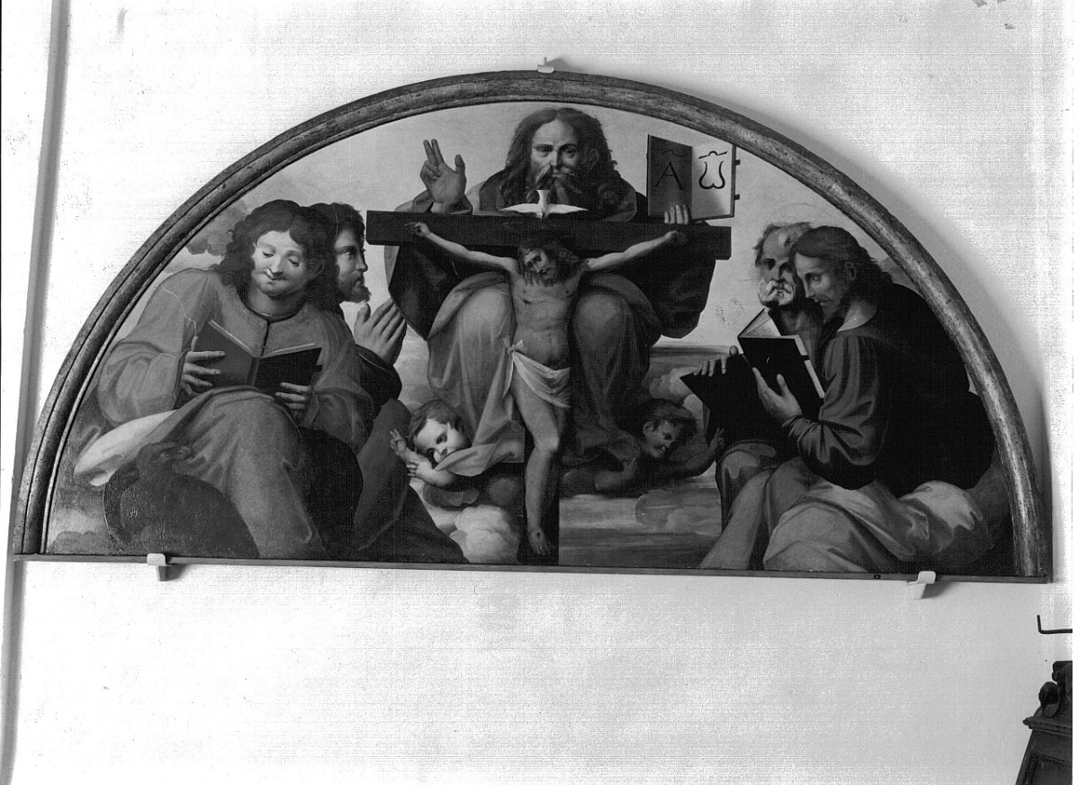 Trinità e i quattro Evangelisti (dipinto) di Maestro dei Paesaggi Kress (attribuito) (prima metà sec. XVI)