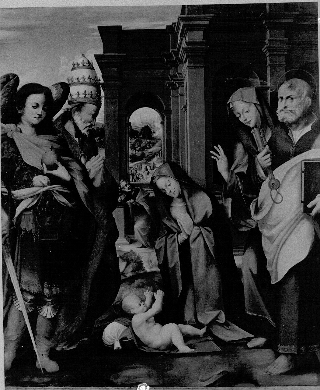 natività di Gesù con i Santi (dipinto) di Maestro dei Paesaggi Kress (attribuito) (fine/ inizio sec. XVI)