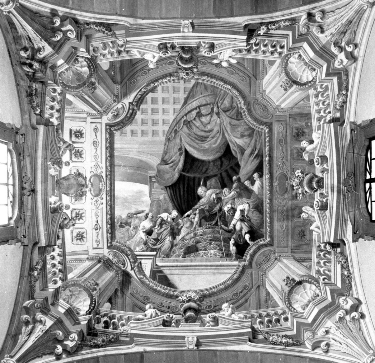 Ester al cospetto di Assuero, Ester e Assuero (dipinto murale) di Donati Antonio, Fabbrini Giuseppe Antonio (fine/ inizio sec. XVIII)
