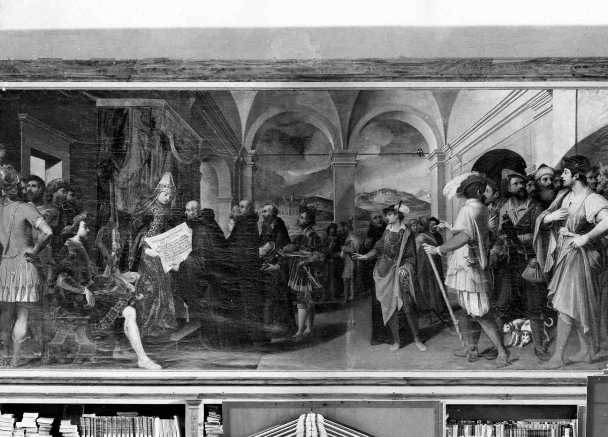 Matilde di Canossa dona dei possessi al monastero di Vallombrosa (dipinto) di Mascagni Donato Arsenio (fine/ inizio sec. XVII)