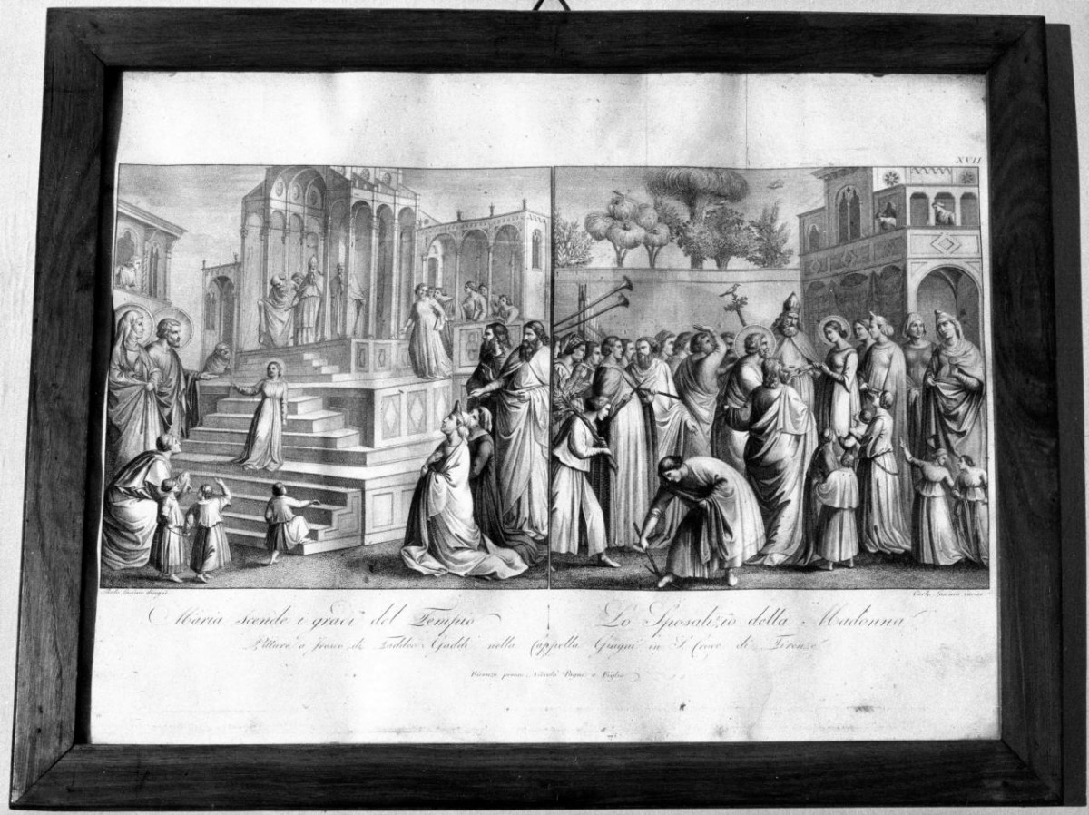 Maria Vergine scende i gradini del tempio/ Sposalizio di Maria Vergine (stampa) di Gaddi Taddeo, Lasinio Giovanni Paolo, Lasinio Carlo (sec. XIX)