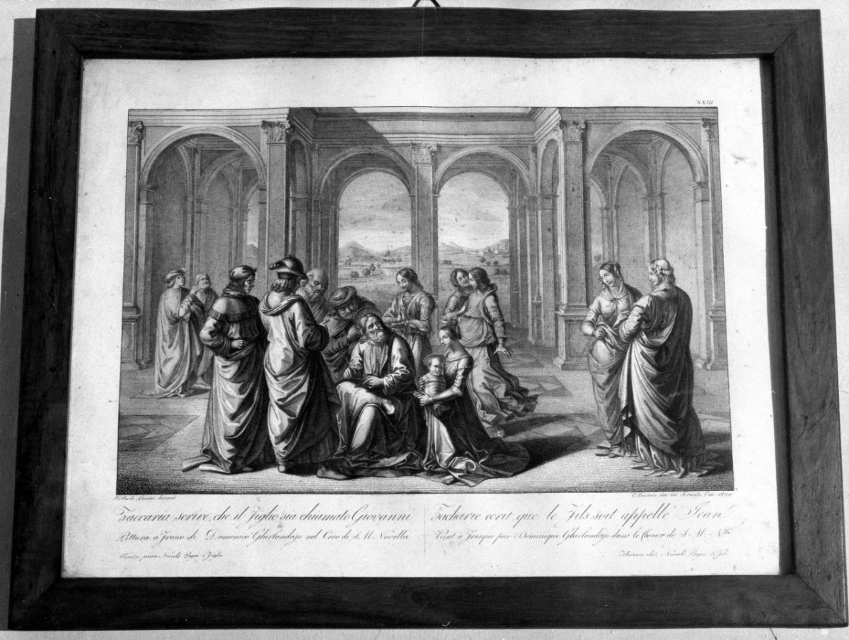 Zaccaria mentre scrive che suo figlio sia chiamato Giovanni, storie della vita di San Giovanni Battista (stampa) di Gaddi Taddeo, Lasinio Carlo, Lasinio Giovanni Paolo (sec. XIX)
