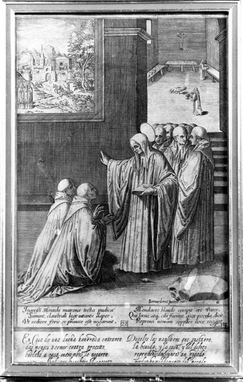 San Benedetto che rimprovera due monaci che hanno infranto la Regola, San Benedetto rimprovera due monaci (stampa) di Caprioli Aliprando, Passeri Bernardino (sec. XVI)