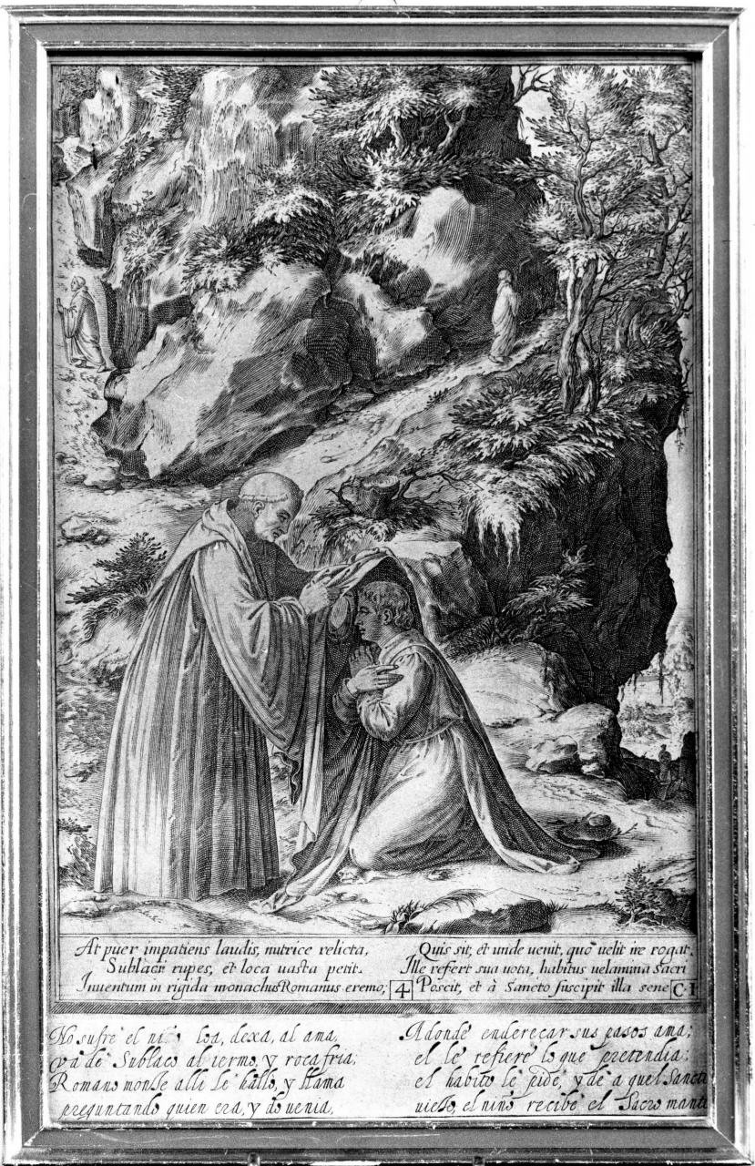 San Benedetto che prende l'abito monacale, San Benedetto riceve l'abito monacale (stampa) di Caprioli Aliprando, Passeri Bernardino (sec. XVI)
