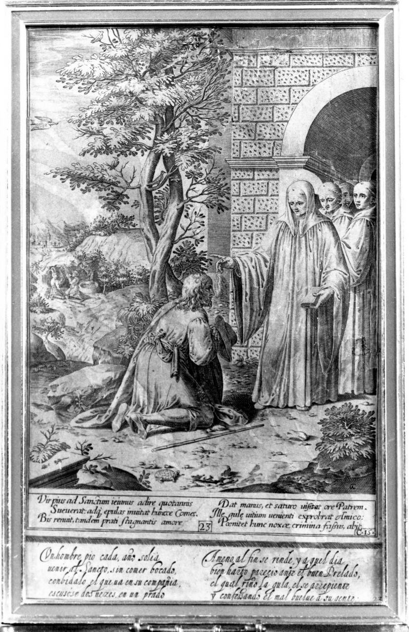 San Benedetto che redarguisce un pellegrino che ha peccato di gola, San Benedetto rimprovera un pellegrino (stampa) di Caprioli Aliprando, Passeri Bernardino (sec. XVI)