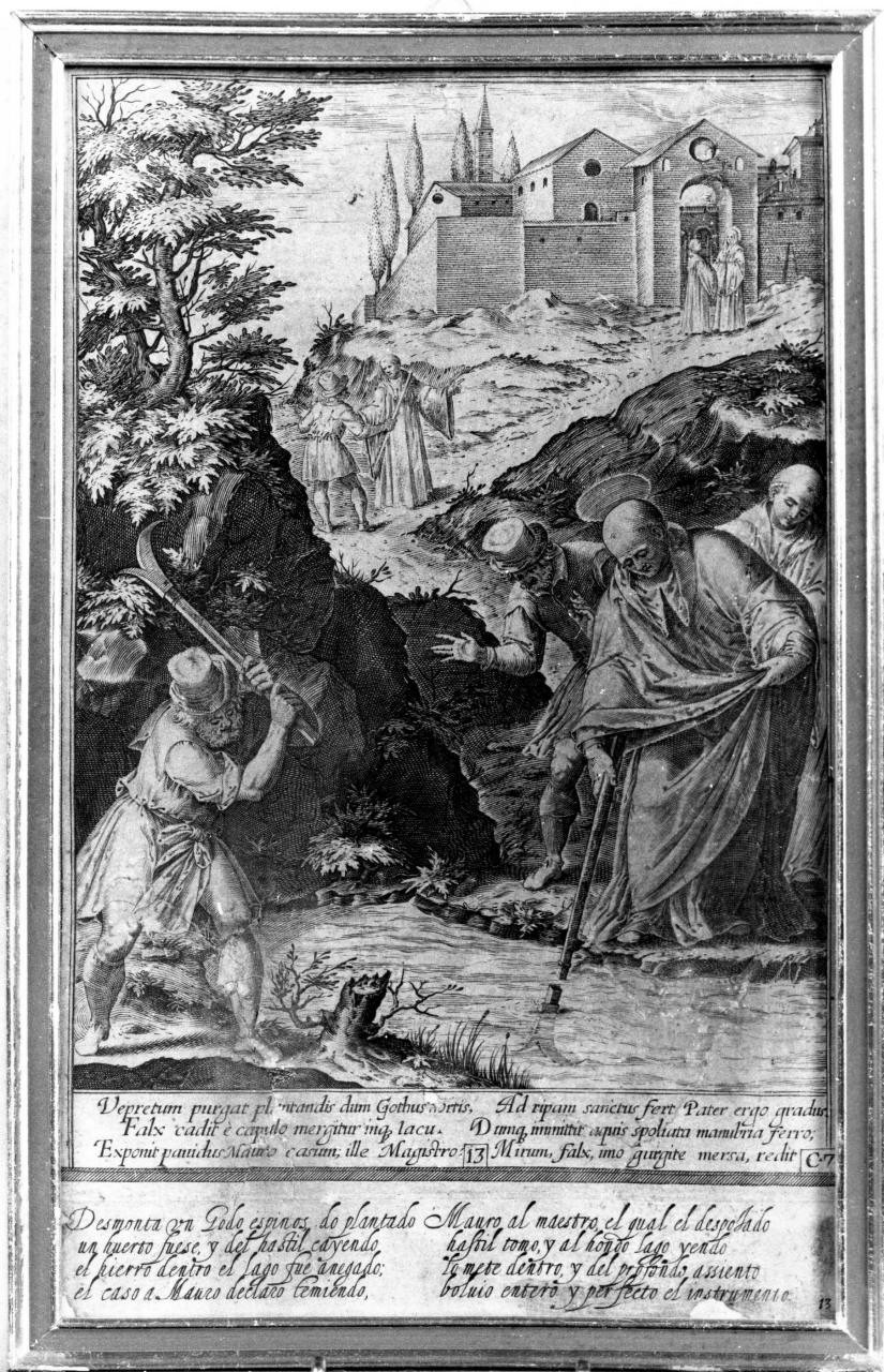San Benedetto che ritrova la falce perduta nelle acque, San Benedetto ritrova la falce di un contadino (stampa) di Caprioli Aliprando, Passeri Bernardino (sec. XVI)