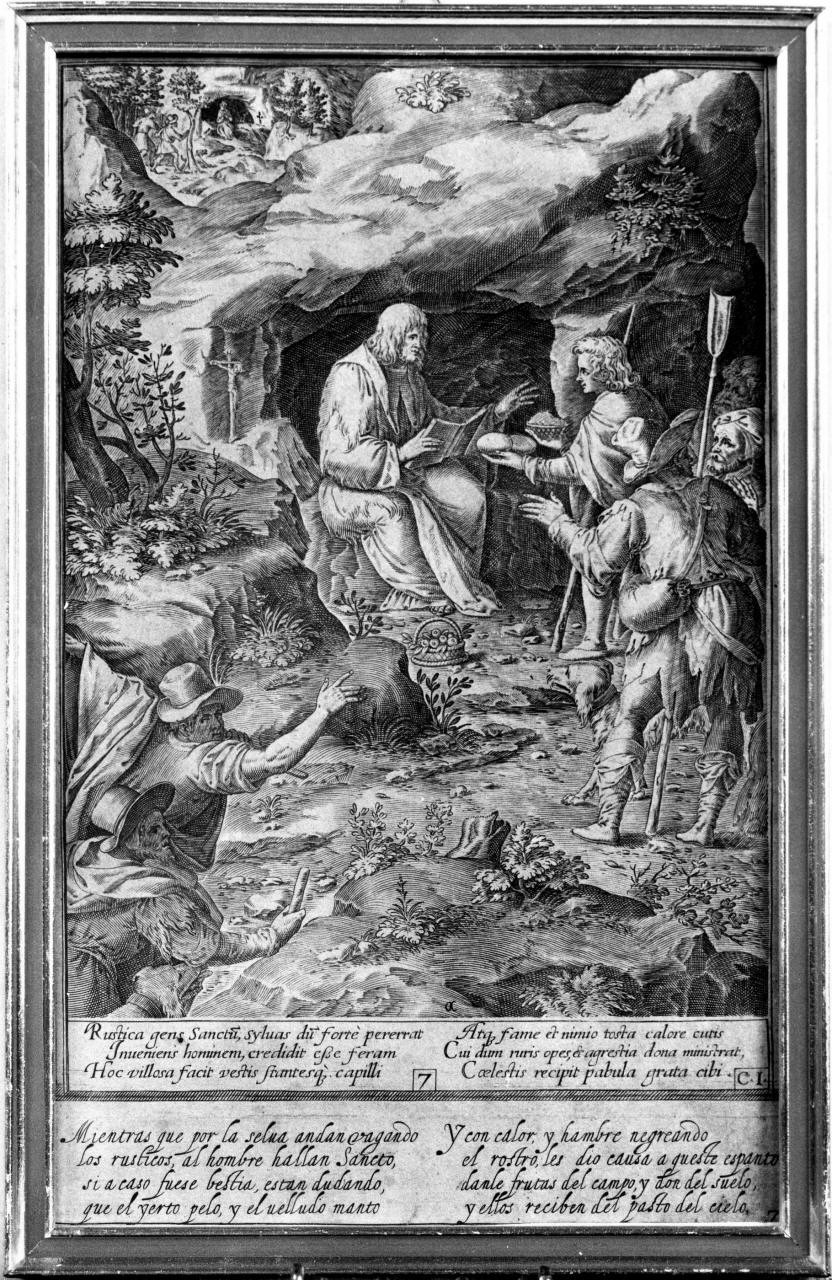 San Benedetto che riceve alcuni villici nel suo tugurio, San Benedetto riceve doni dai contadini (stampa) di Caprioli Aliprando, Passeri Bernardino (sec. XVI)