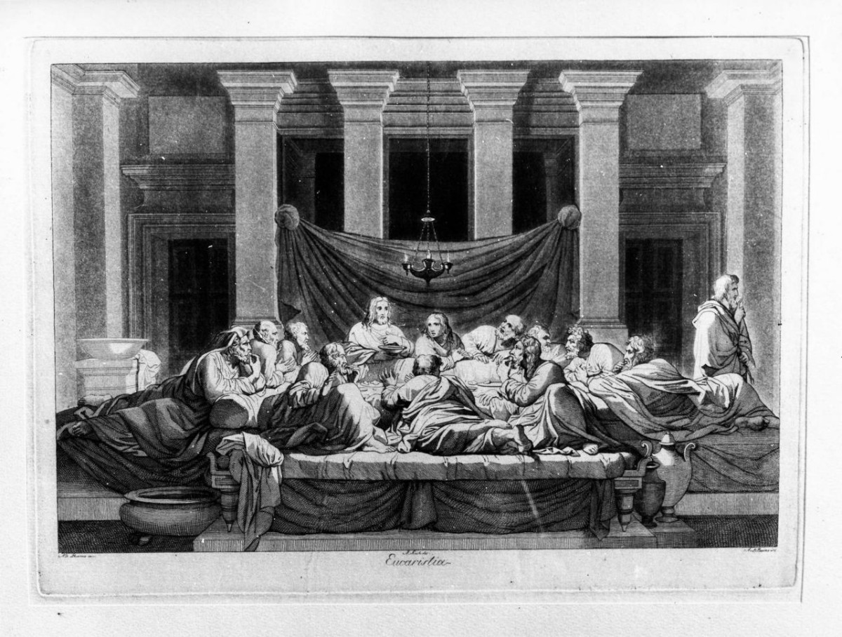 Il Sacramento dell'Eucarestia, ultima cena (stampa) di Kock Michael, Banzo Antonio, Poussin Nicolas (fine/ inizio secc. XVIII/ XIX)