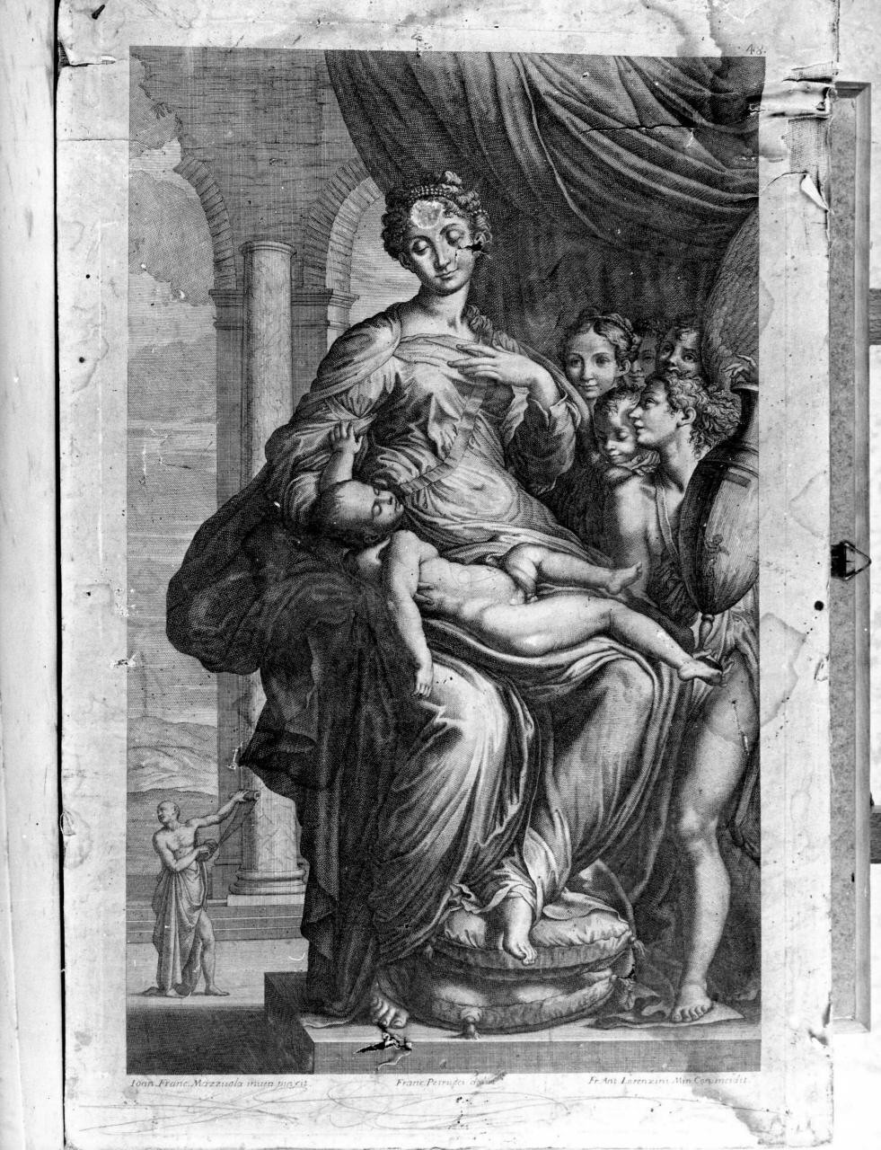 Madonna dal collo lungo, Madonna con Bambino e angeli (stampa) di Lorenzini Giovanni Antonio, Petrucci Francesco, Parmigianino (secc. XVII/ XVIII)