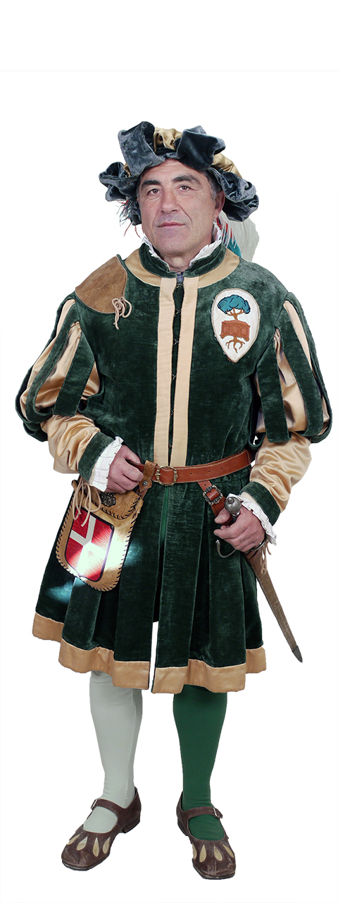 Bandieraio dell'Arte dei Legnaioli (Costume maschile del Corteo Storico della Repubblica Fiorentina/ Bandieraio dell'Arte dei Legnaioli, Costume confezionato per fini di rievocazione storica, ABBIGLIAMENTO E ORNAMENTI DEL CORPO/ VESTIMENTI) di Sartoria Parigi (laboratorio)